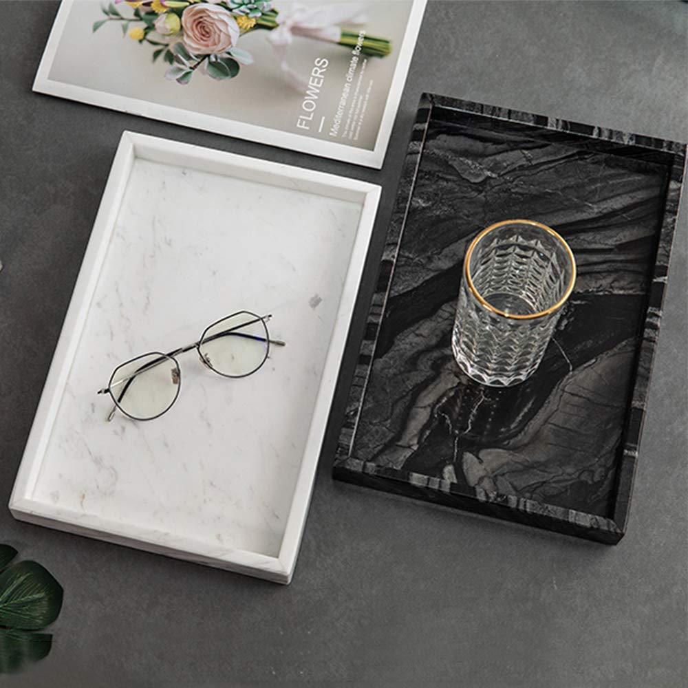 Moreast Black Marble Tray, Stone Bathroom Tray, Decorative Holder for Tissrue, Candle, Soap, Towel, Plant (Black - 10 x 6)