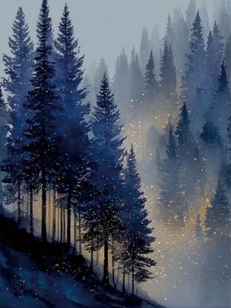 Brennora Full Drill Diamond Art 5D Diamond Painting Kits Pine Forest Round Rhinestone, DIY Adult and Crafts Home Decor 40x50cm