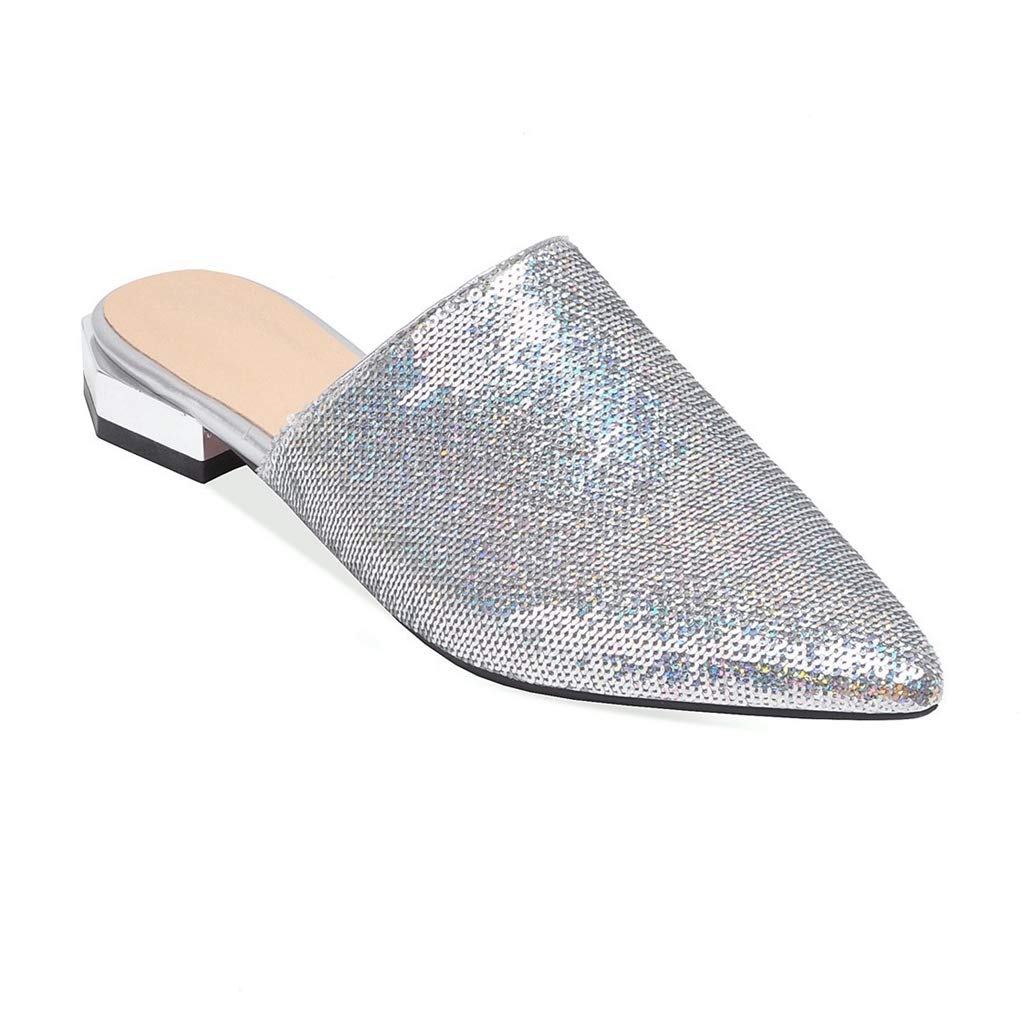 MIOKE Women's Pointed Toe Embellished Mules Flat Slip On Backless Loafer Comfy Low Heel Dress Slipper Shoes