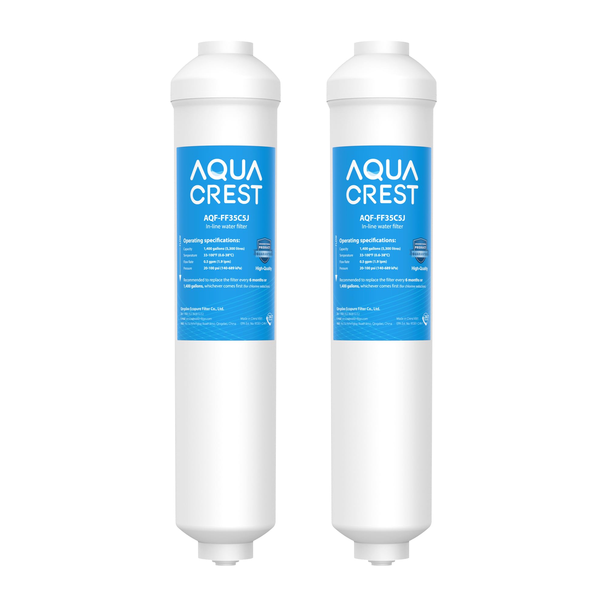 AQUA CREST FF35 Inline Water Filter Replacement, 1/4" Quick-Connect Replacement for Refrigerator, Post-Carbon Filter for Reverse Osmosis Systems, NSF/ANSI 42 Certified, 6-12 Months(NO Fittings)