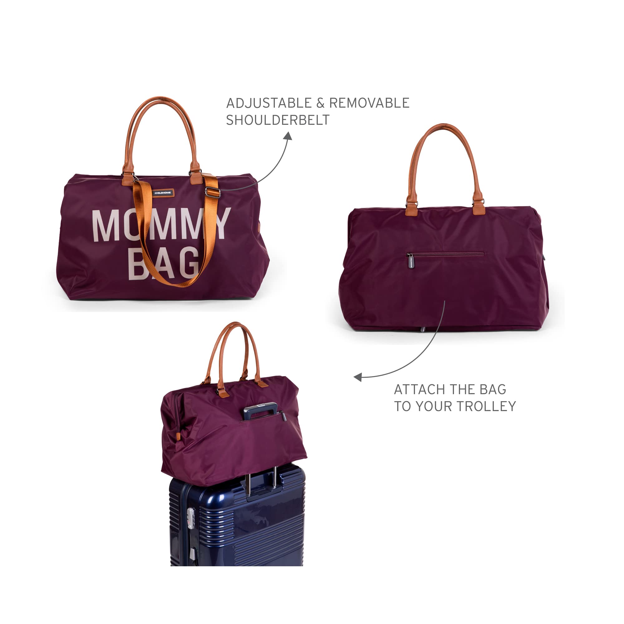 Childhome, Mommy Bag, torba na pieluchy, dla kobiet w ciąży, torba podróżna, duża pojemność, mata do przewijania, regulowany pasek na ramię, izolowana kieszeń, przejście na walizkę, bakłażan