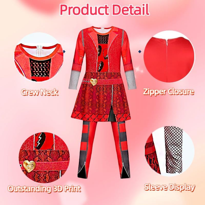 Princess Red Costume for Girls Rise Red Jumpsuits Kids Dress up Outfits Halloween Party Cosplay 5-12Y with Wig - Image 4