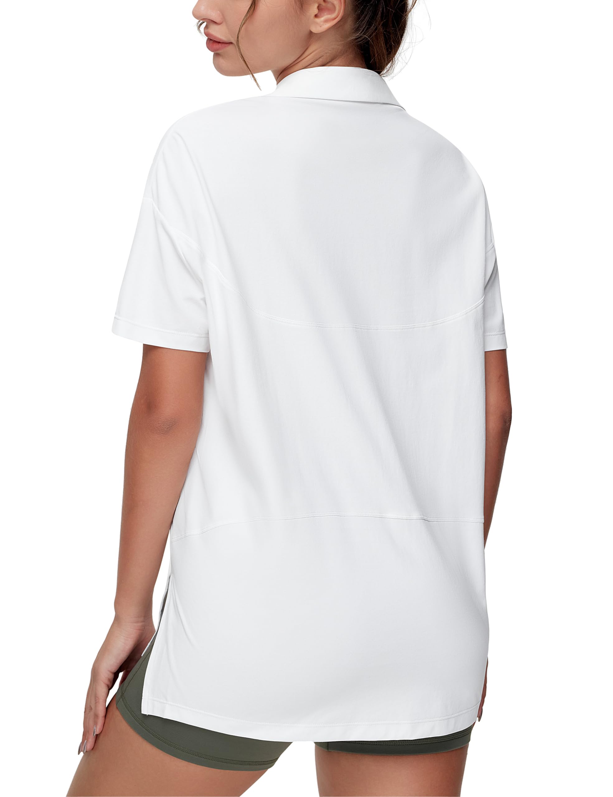 THE GYM PEOPLE Women's Loose fit Workout Polo Shirts Back Short Sleeve V Neck Tees Tops with Side Slits White