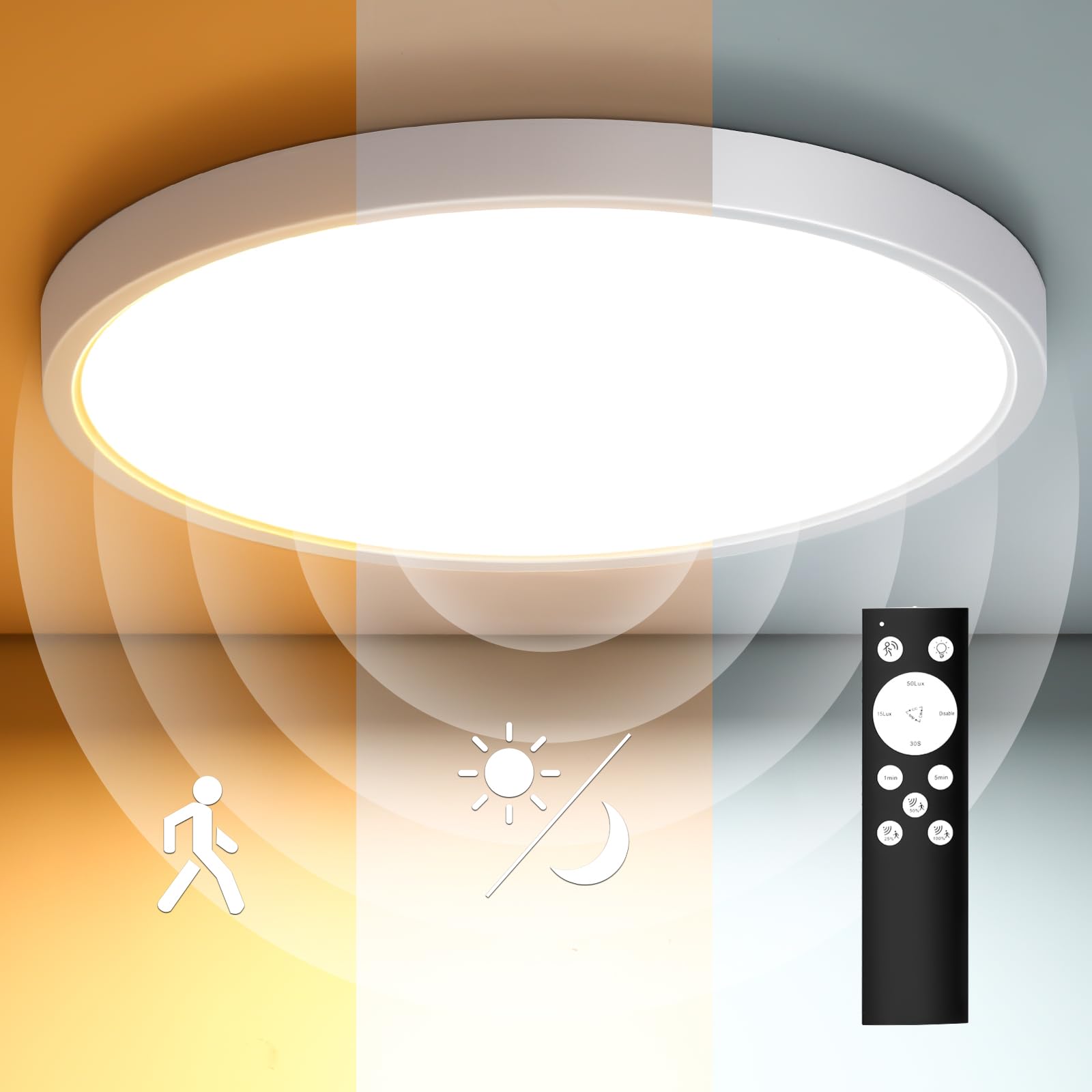 VivaLet LED Plafondlamp met Bewegingsmelder Voor Binnen 28W 2800LM,3000K/ 4000K/6000K Dimbare Plafondlamp Plat met Afstandsbediening, IP54 Sensorlamp met Lichtsensor Voor Badkamer kelder trap 30cm