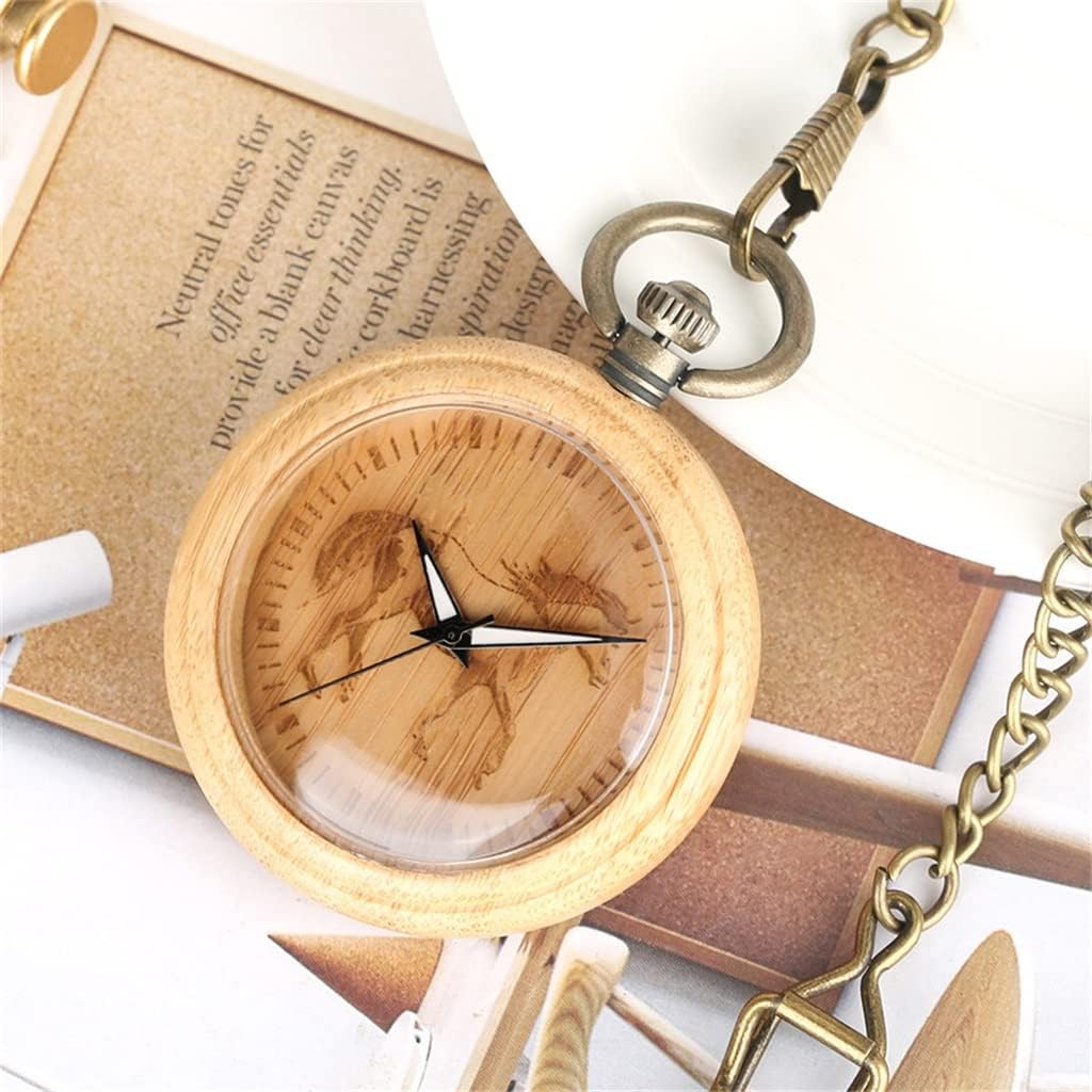 Thick Engraved Horse dial Quartz Pocket Watch Natural Wood Pendant Clock Vintage Bronze Pendant Pocket Watch Chain : Clothing, Shoes & Jewelry