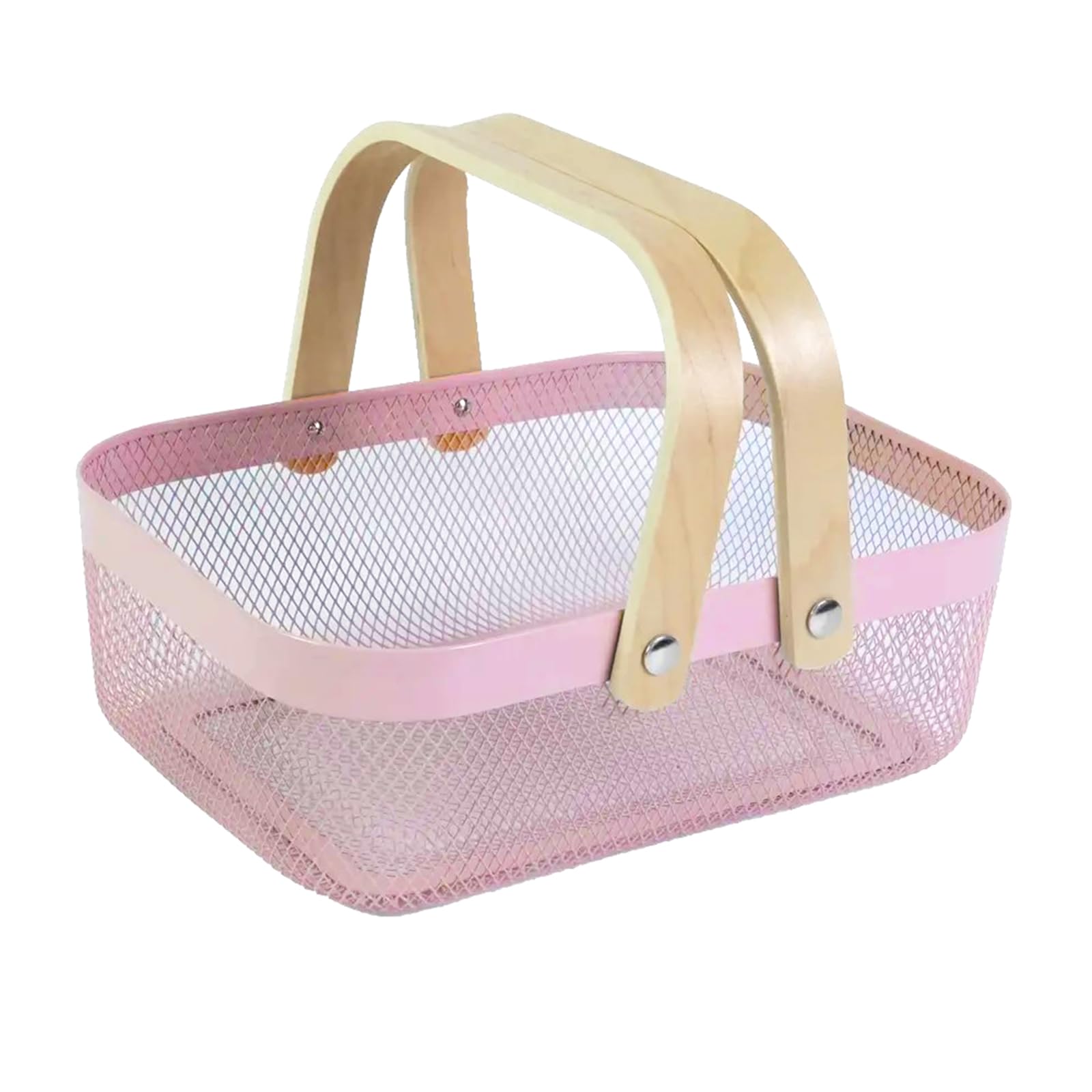 AJIODA Metal Mesh Steel Basket, Storage Organizer Basket Garden Harvest Basket Multi-functional Kitchen Fruit Baskets Bin with Wooden Handle for