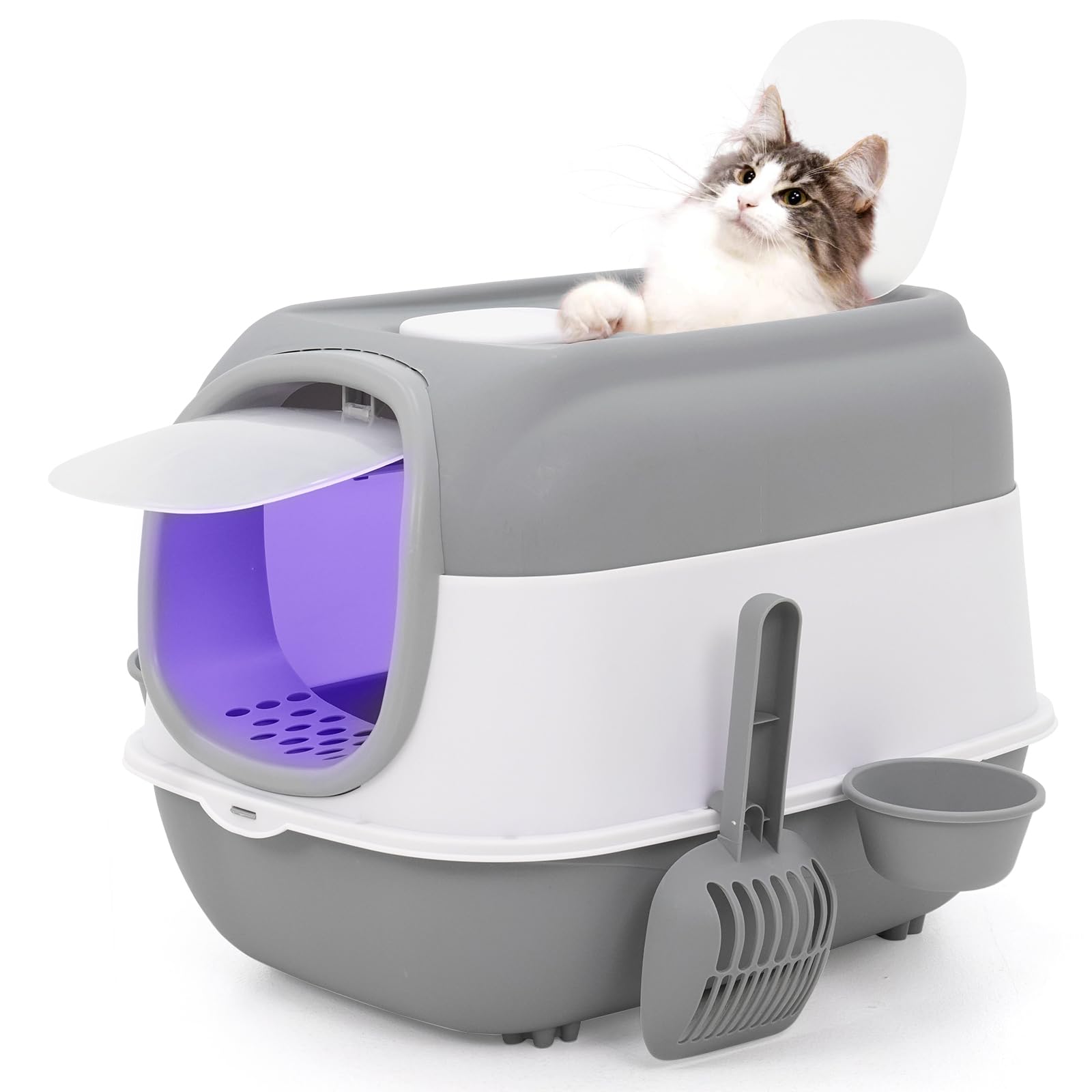 Bandeja de arena para gatos de entrada superior grande con cuchara de arena y cuenco, caja de arena cerrada a prueba de salpicaduras y fugas con función de desodorización de capucha, caja de arena