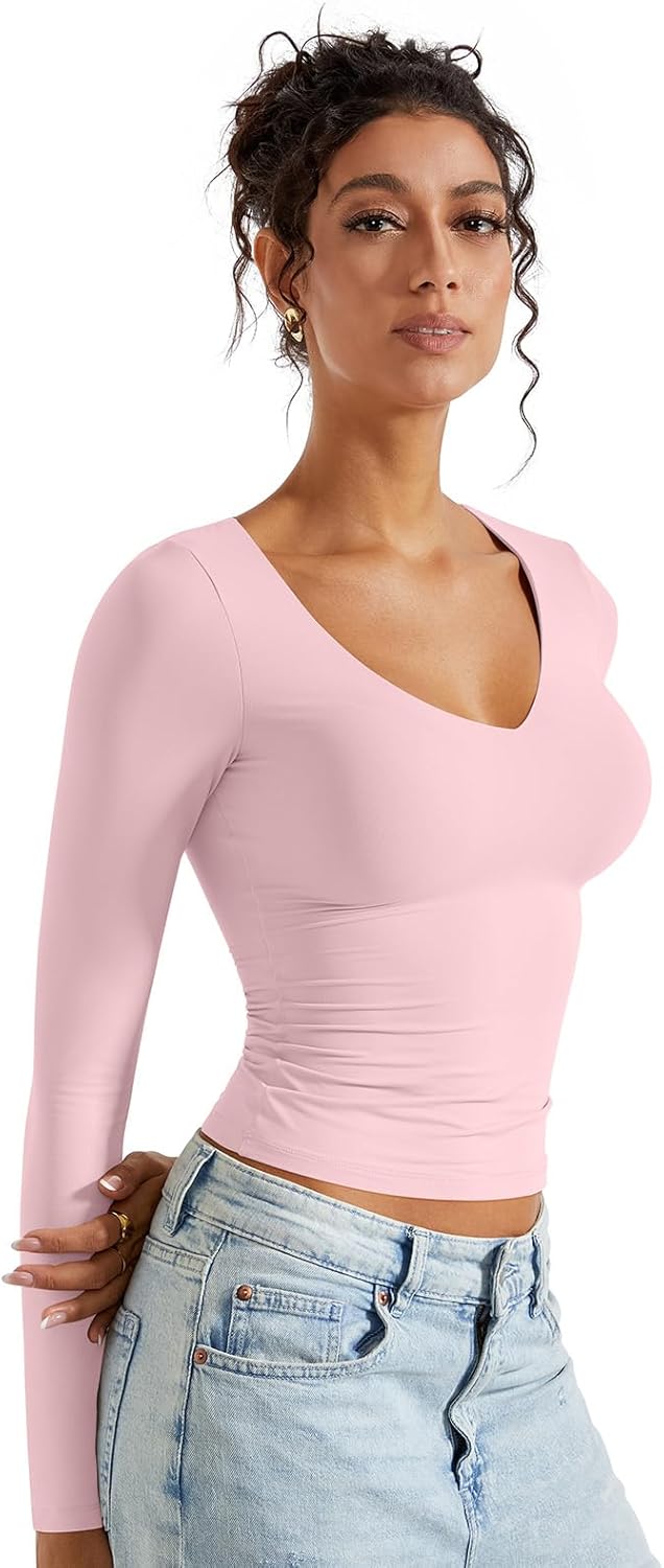 SUUKSESS Women Double Lined Casual V Neck Crop Tank Tops Basic Long Sleeve Shirts - Image 6