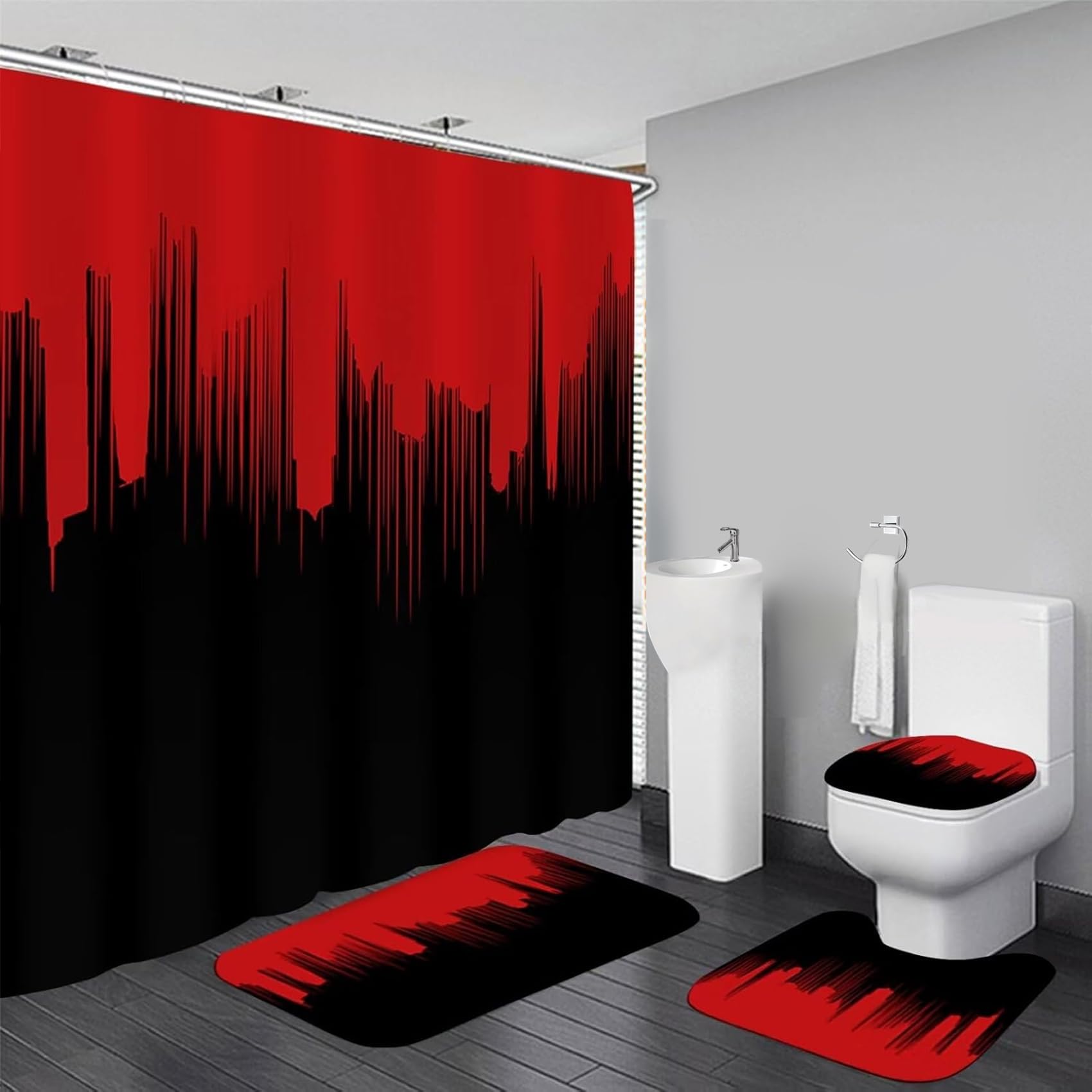 Yddsky 4 Pcs Red and Black Shower Curtain Sets Non-Slip Rugs Bath Mat Toilet Cover, U-Shaped Mat, Gradient Shower Curtain with 12 Hooks, Black and Red Bathroom Set
