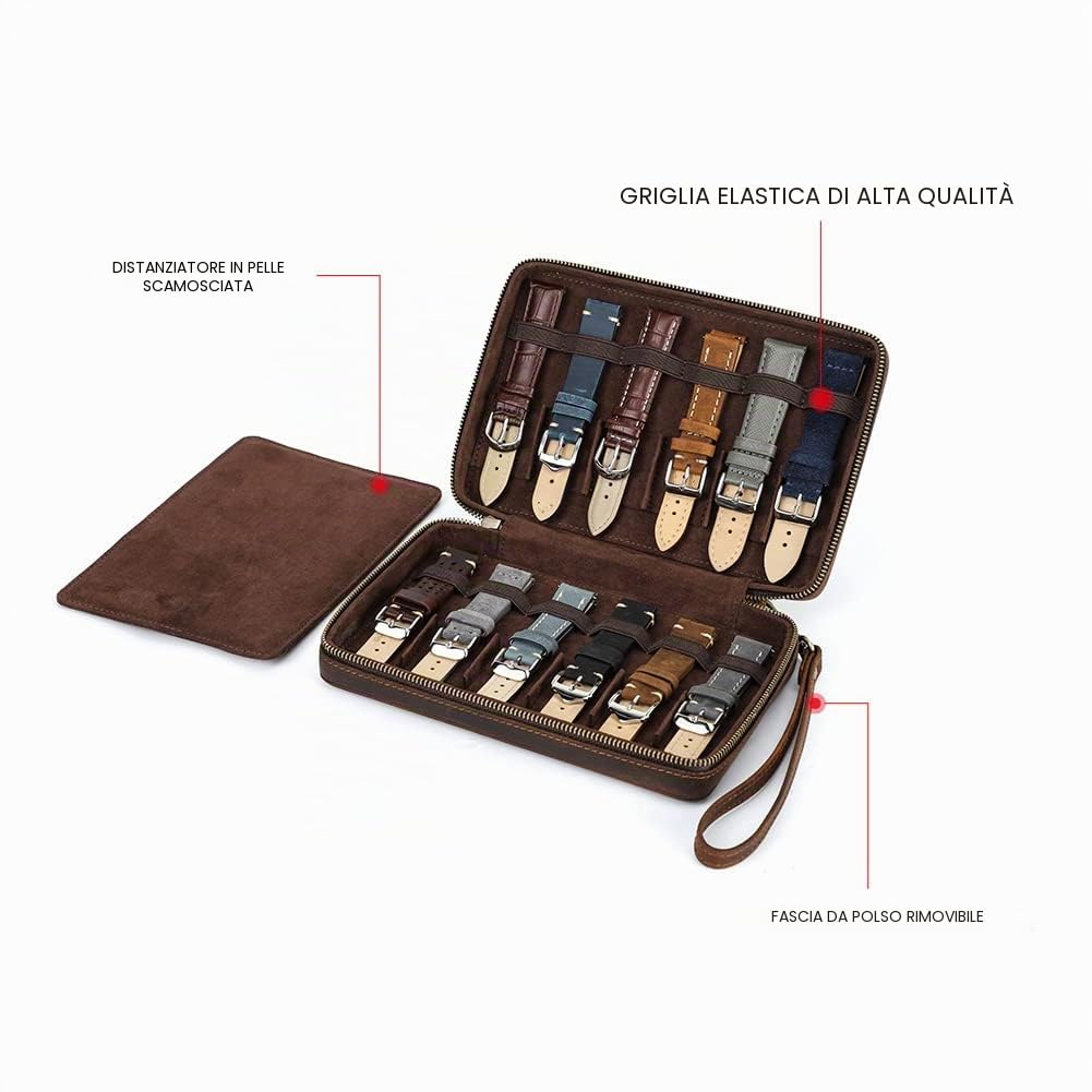 Contacts Custodia in vera pelle con cerniera per 12 cinturini per orologi, da viaggio, compatibile con tutte le serie di cinturini e accessori Apple Watch