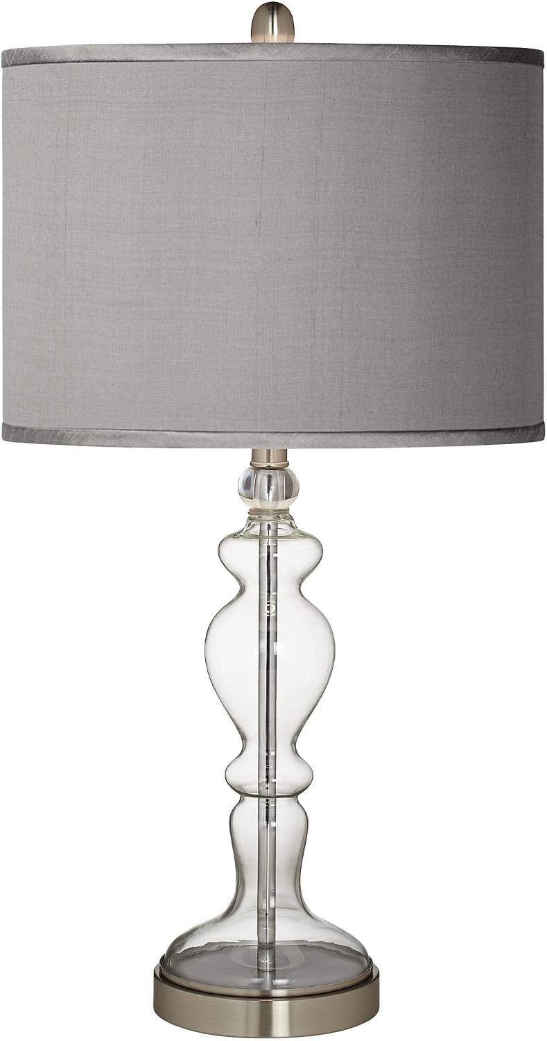 Possini Euro Design Modern Table Lamp 28" Tall Chrome Clear Glass Slate Gray Faux Silk Fabric Drum Shade Decor for Living Room Bedroom Nightstand Bedside Office House Home Family Entryway