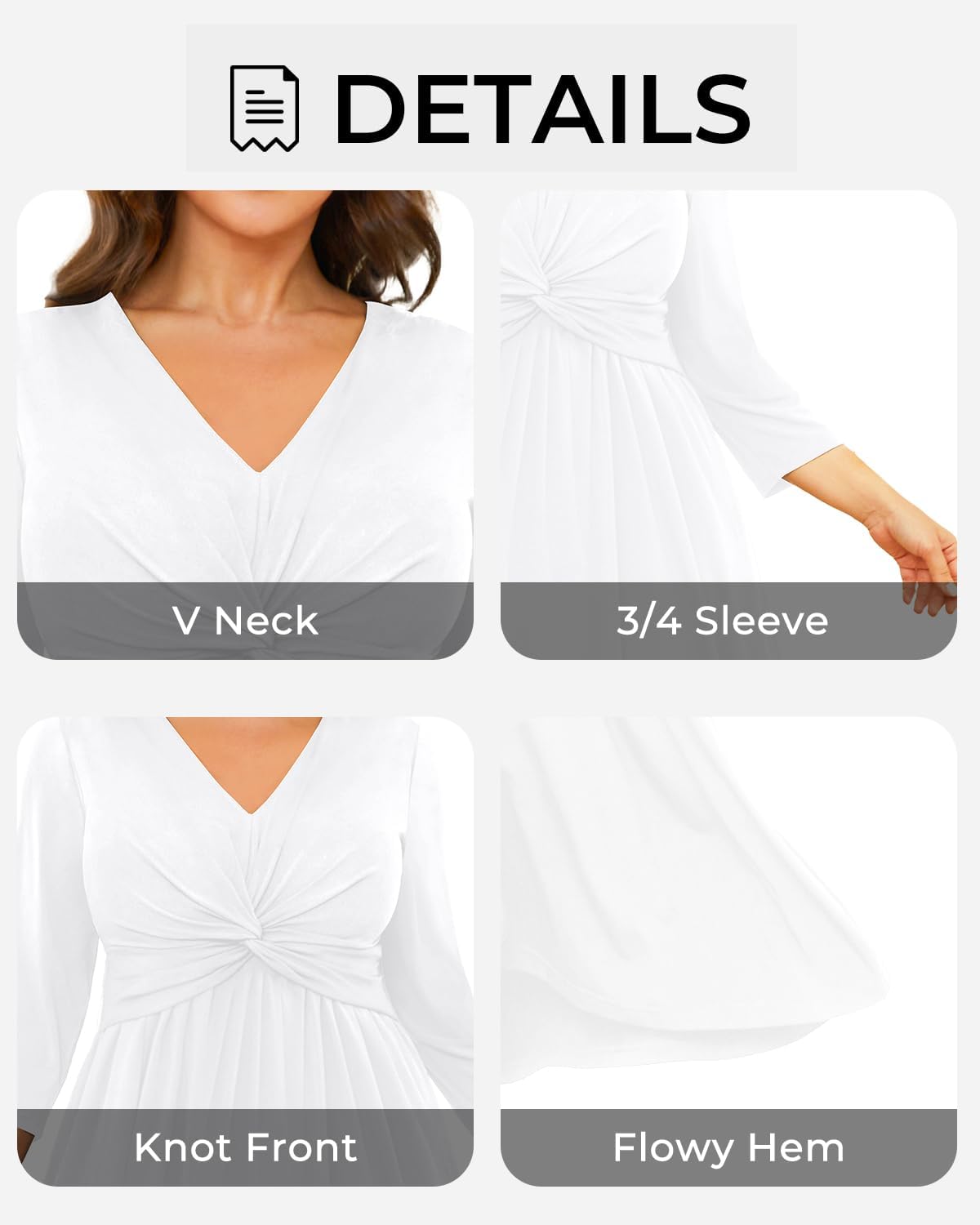 Plus Size Dress for Women Twist Knot V Neck 3/4 Sleeves A Line Wedding Guest Midi Dresses - Image 4