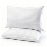 Squishy Flat Bed Pillows Queen Size Set of 2 Extra Soft Thin Pillow for Stomach Sleeping Adults Kids Back Sleeper Plush Fluffy Stripe 20x30 inches