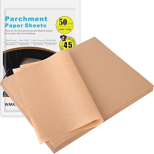 WMKGG 50 piezas de papel pergamino sin blanquear para hornear, hojas de papel pergamino precortadas de 12 x 16 pulgadas para cocinar, asar a la