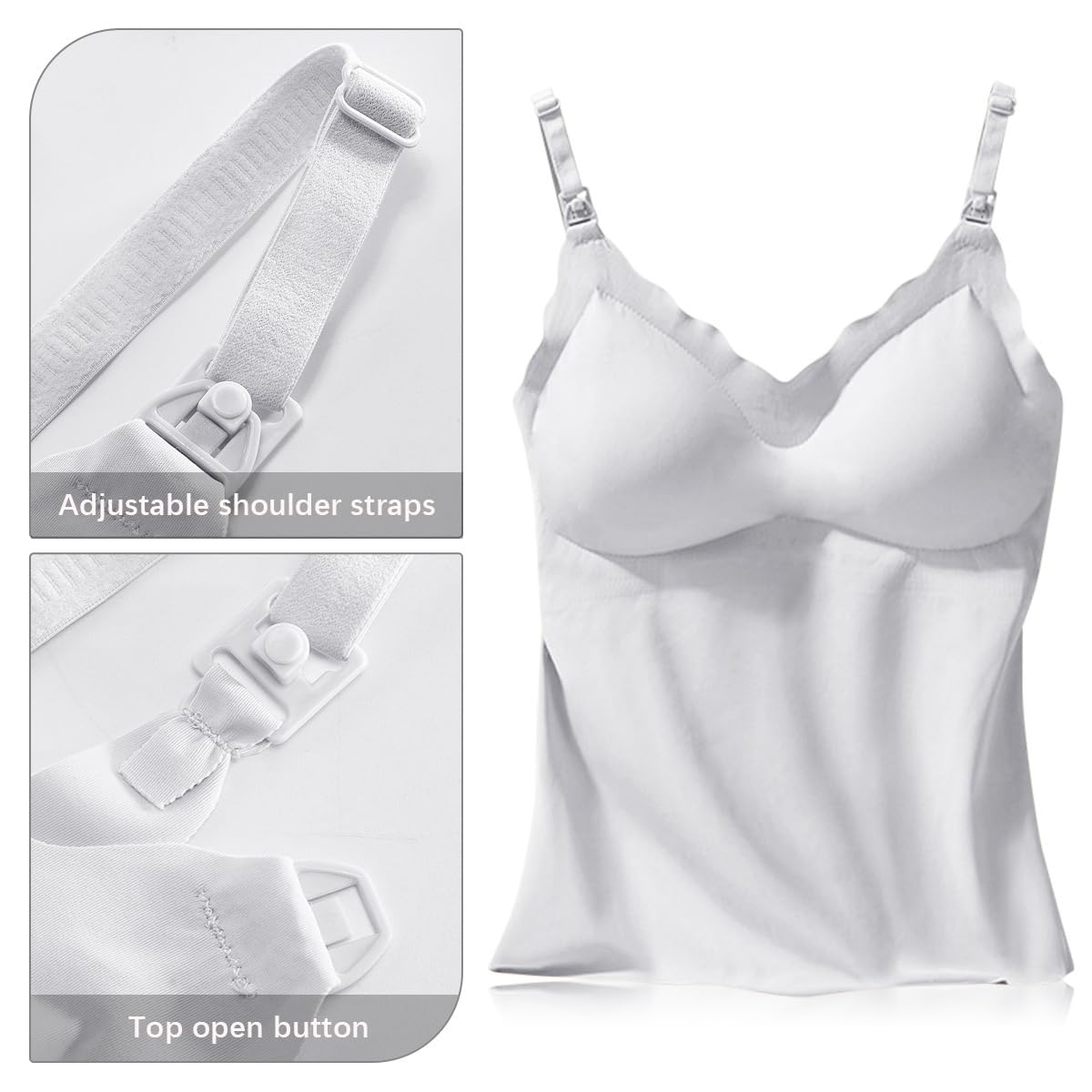 Damen Stilltop Nahtloses Unterhemd BH-Hemd, 2er Pack Mutterschaft Tanktop mit Eingebautem BH Bügelloser Gepolstert Spaghetti Tops für Stillen Schlaf Camisole Freizeit und Alltag