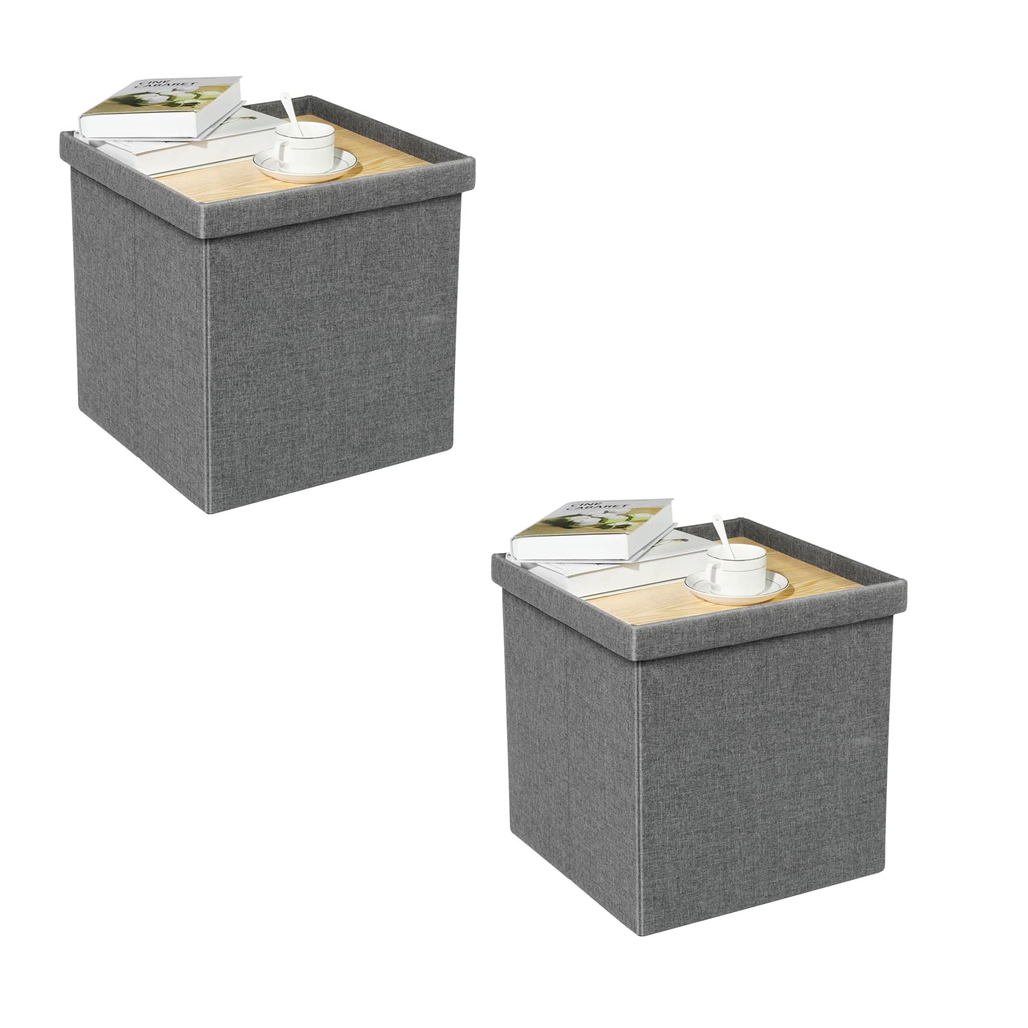 Bonlife Ottoman Storage Box Footstool Folding Seat Versatile Space-saving Coffee Table Linen Grey B edroom Furniture, 40.5x40.5x38cm, Pack of 2