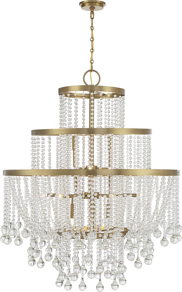 Savoy House 1-1868-15-322 Luna Vintage Modern Clear Crystal 3-Tiers Chandelier, 15-Light 900 Total Watts, 54″ H x 45″ W, Warm Brass