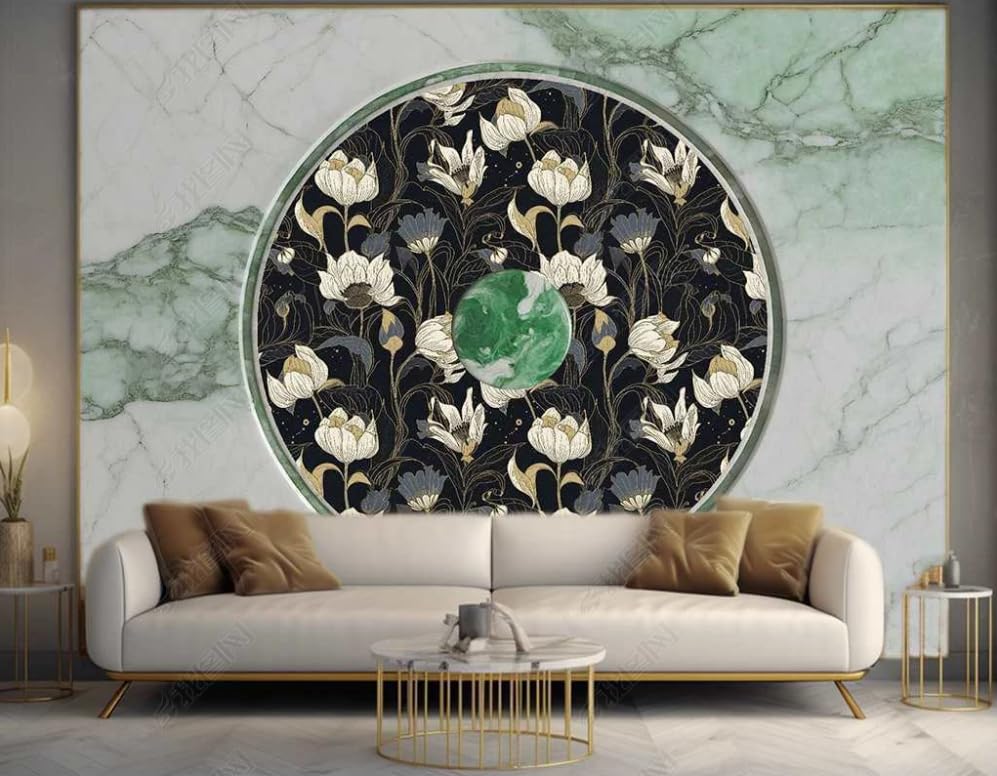 Papier peint panoramique marbre floral vert olive pour mur terne