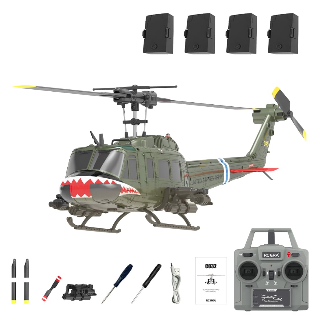 RC ERA C032 RC Helicopter, 1/48 Scale 2.4G 6CH UH-1 Huey Flybarless RC Helicopter, 6-Axis Gyroscope Stabilization, with Altitude Hold & 3D Inverted Flight for Adults Enthusiasts, 4 Battery