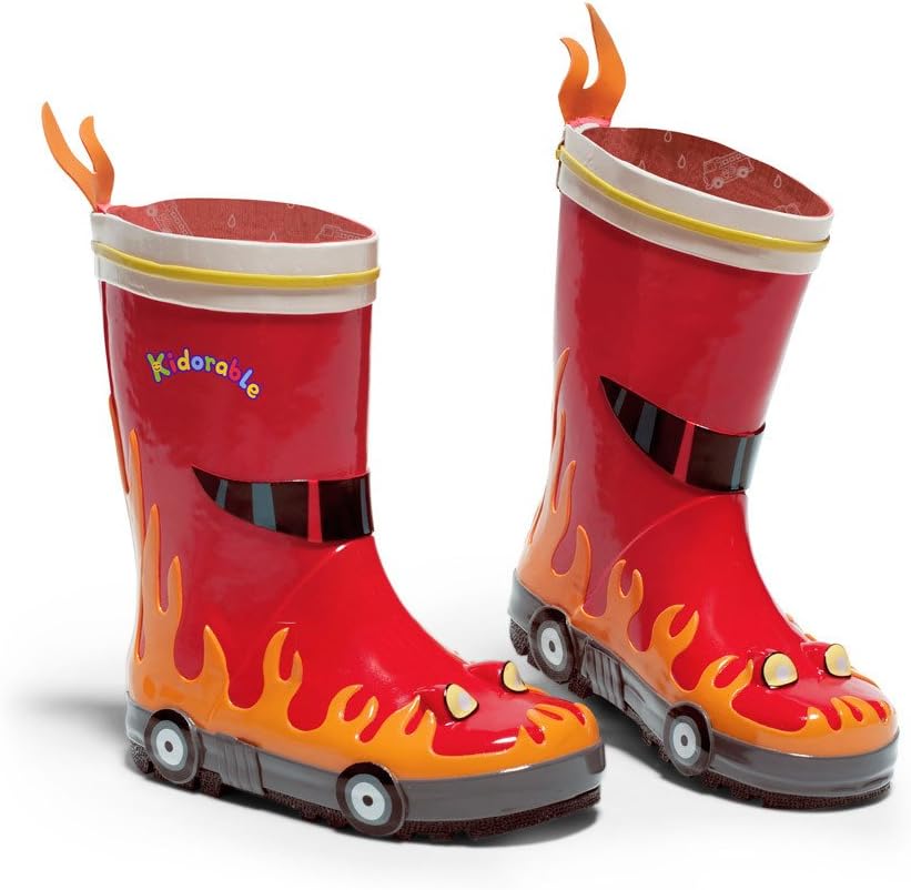 KidorableRed Fireman Natural Rubber Rain Boots w/Fun Flame Pull On Heel Tab