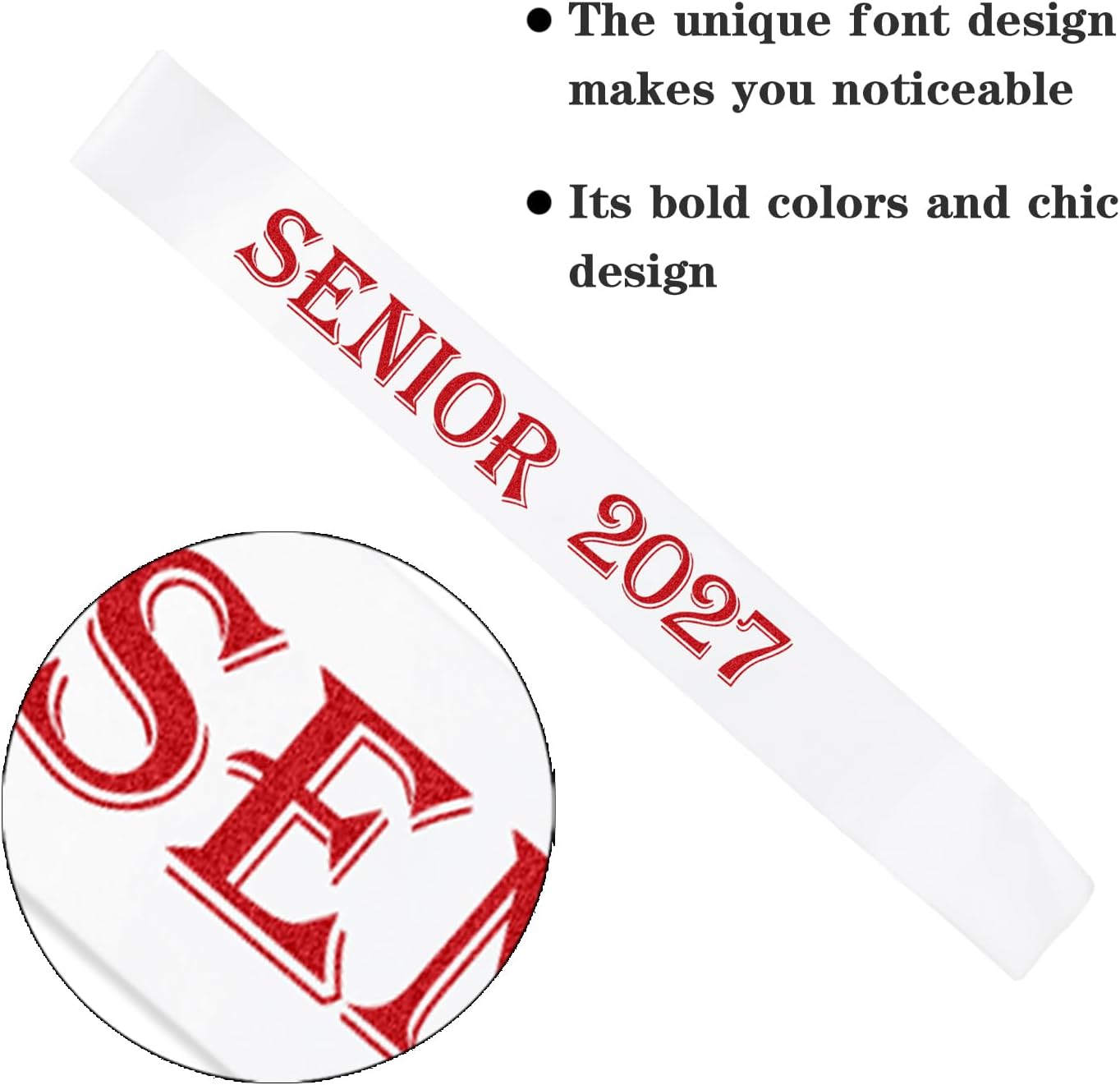 7 Pcs Senior 2027 Sashes, White Satin with Red Printing Letters