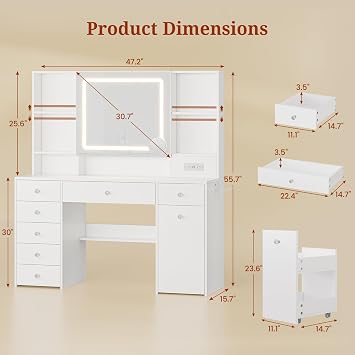 UPOSOJA 47.2'' Vanity Desk with Mirror and LED Lights, White