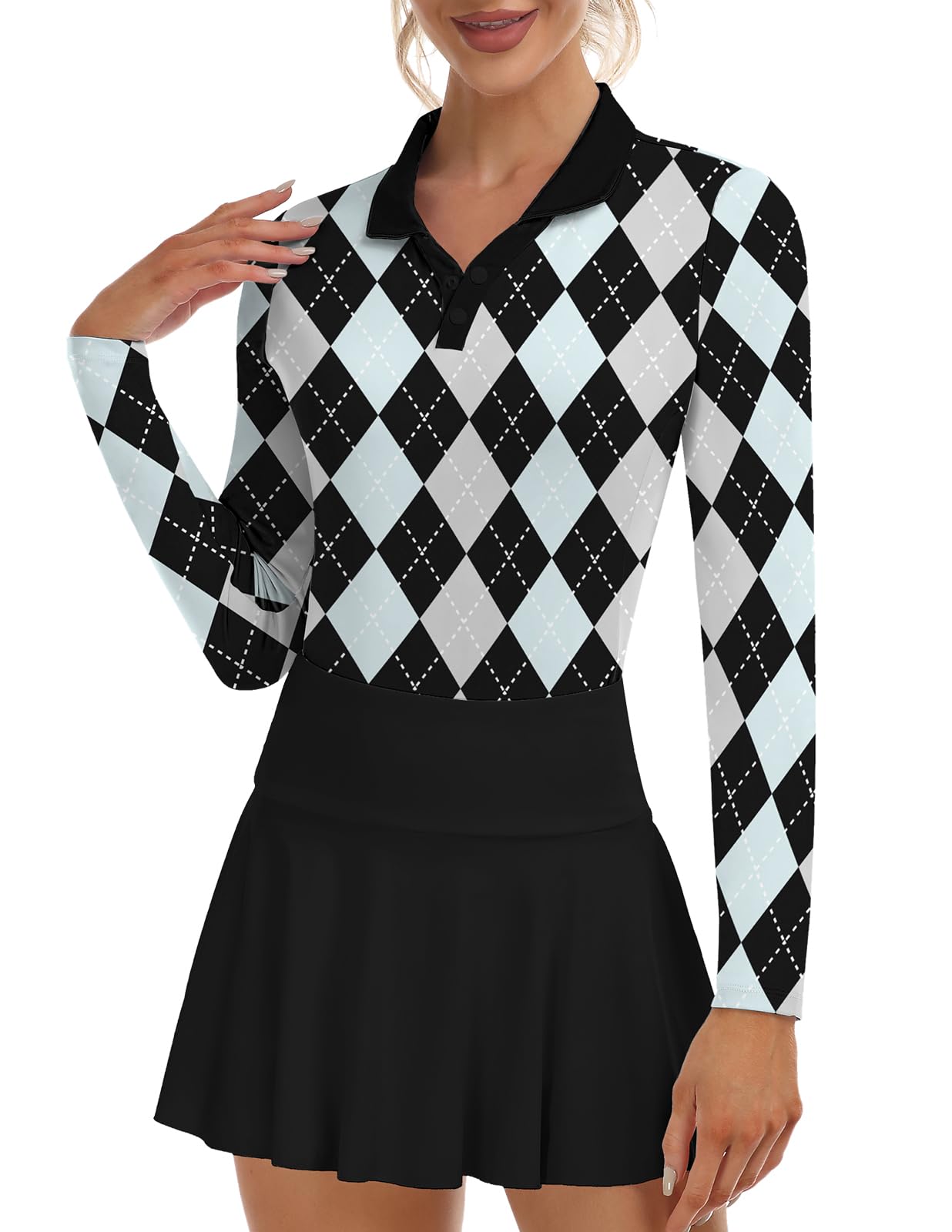 Soneven Womens Golf Shirts Moisture Wicking V Neck Long Sleeve Polo Shirts Collared Tops