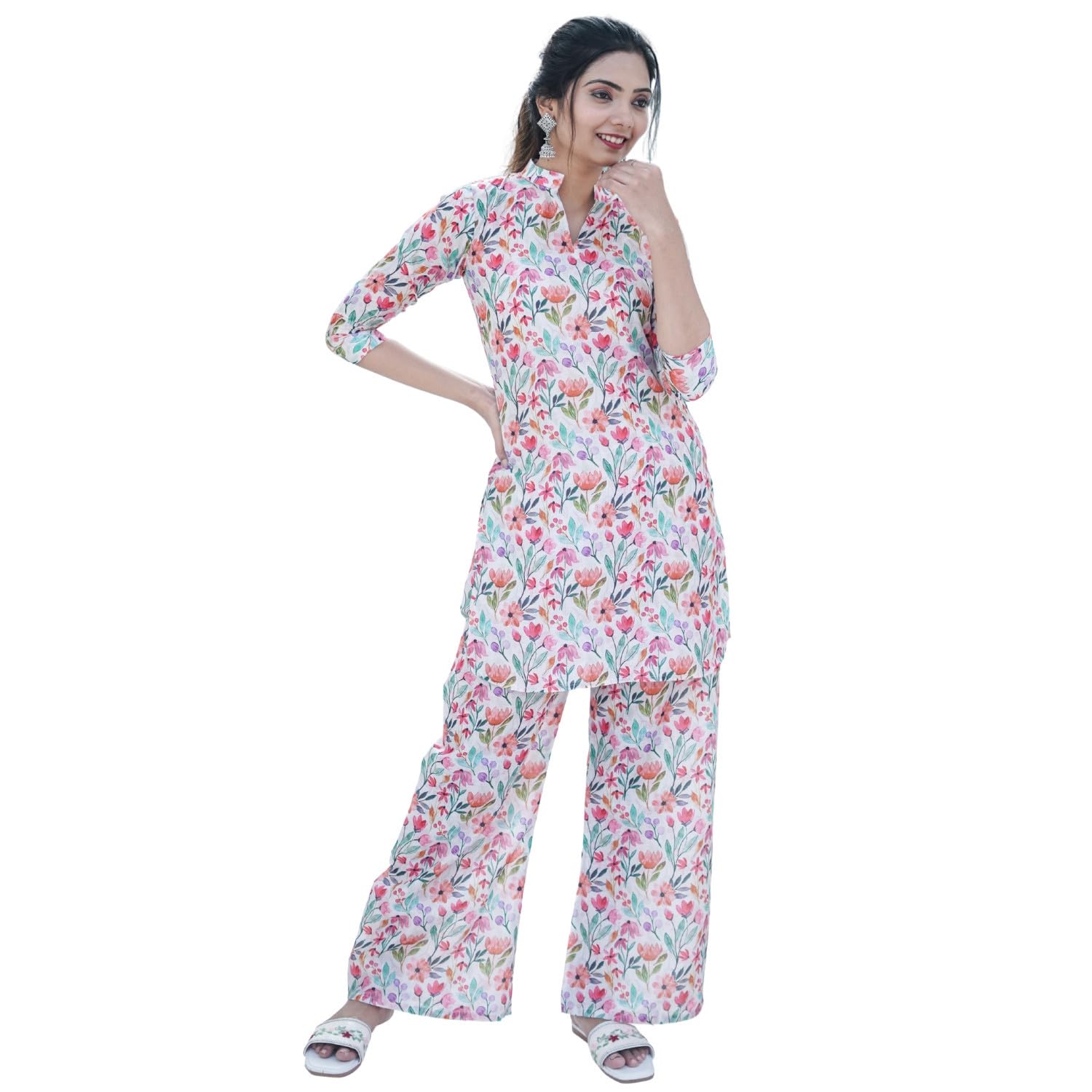 Go Boujee Linen Womens Collared with v Cut Neck Three-Fourth Sleeves Co-ord Set