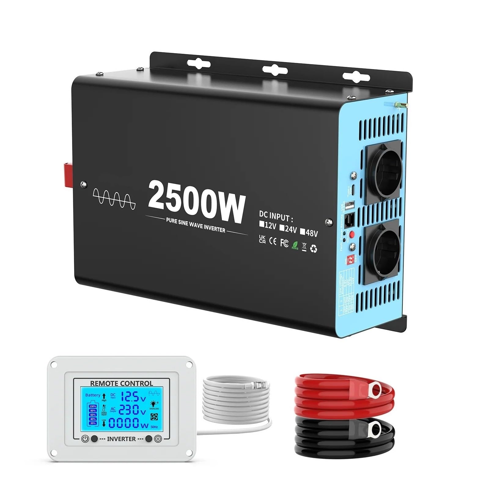 Inversor Inversor Onda Sinusoidal Pura 2500 W Potencia Máxima Continua 5000 W CC 12 V A CA 230 V 50 Hz Enchufe Europeo LCD Portátil Accesorios para Coche.