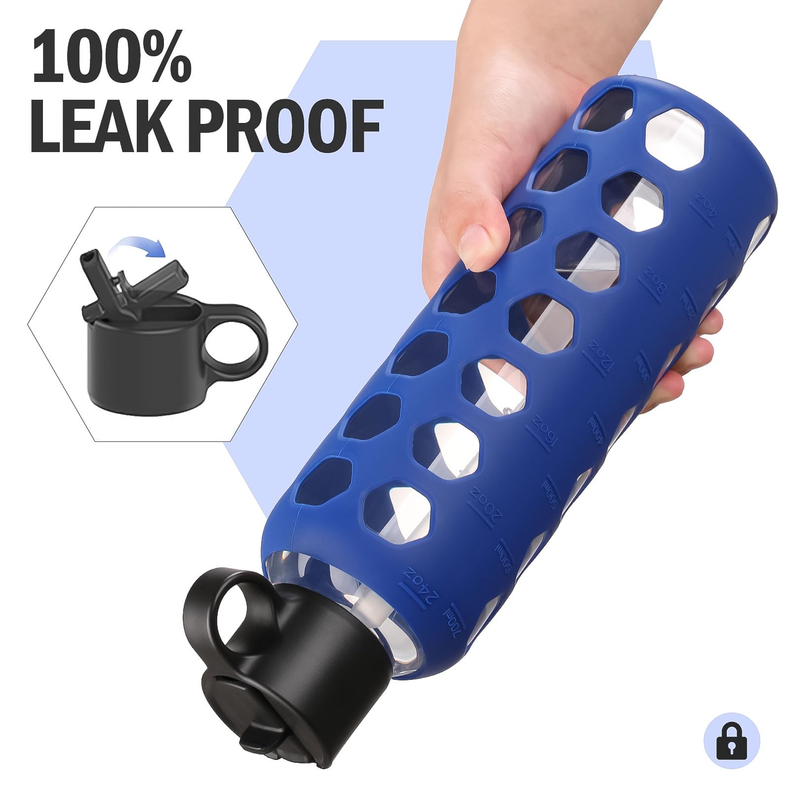 BLUEGO Borracce in vetro, 700ml Bicchiere in vetro, Bottiglie per bere con 2 coperchi, Bottiglia per l'acqua sportiva con custodia in silicone, A prova di perdite, Blu