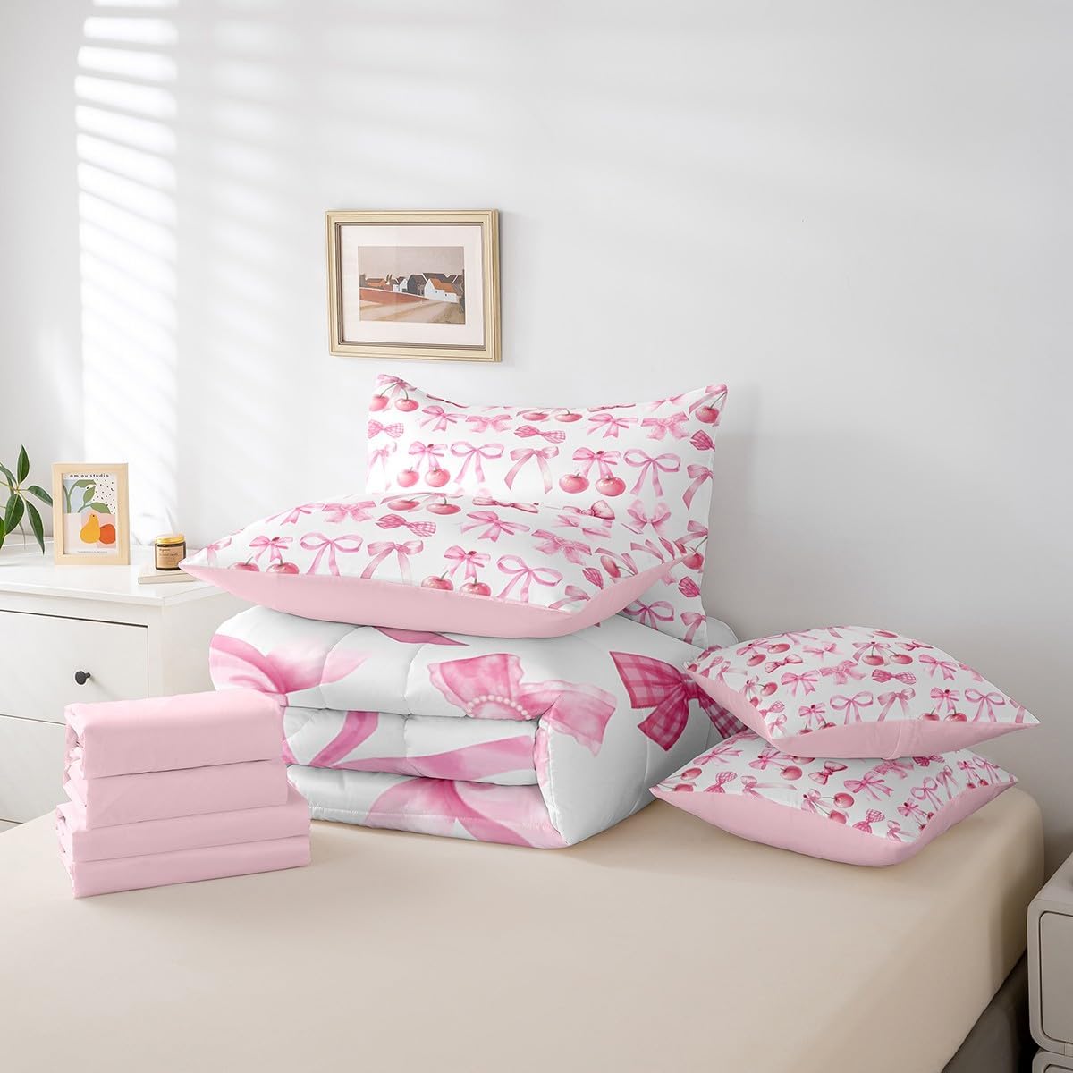 Feelyou Watercolor Bow Bedding Bed Set Twin Size Cherry Bow 7 Pieces Bedding Set, Boys Girls Decor Cute Bowknot Bed in a Bag with Comforter, Sheets, Pillowcases Microfiber Girls Bow Bedroom