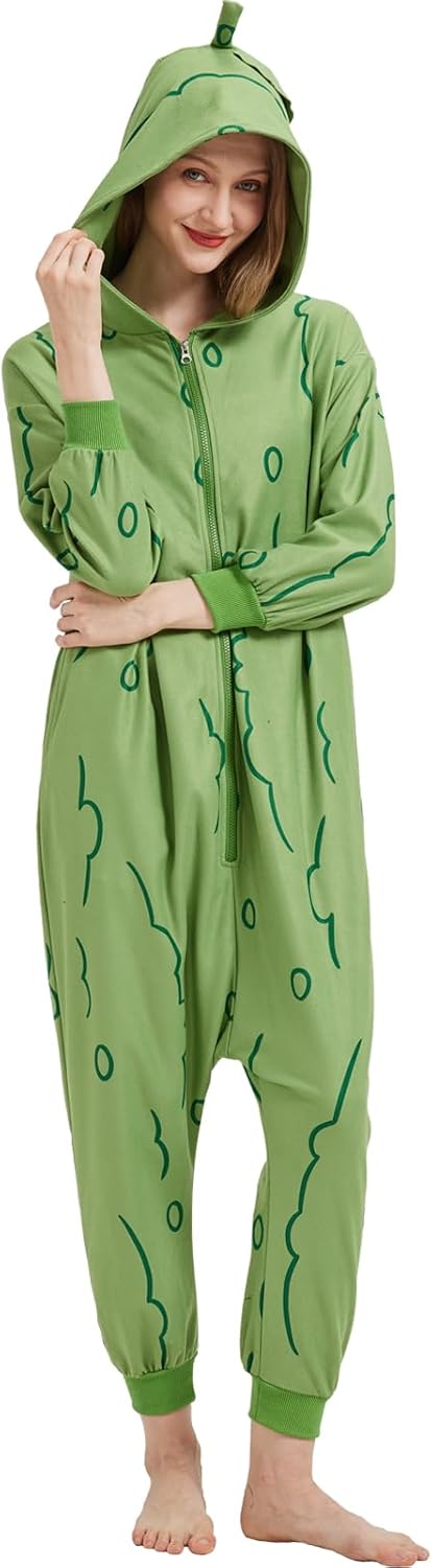 Adult Pickle Onesie Cucumber Costume, Halloween Fruit & Vegetable Cosplay One-Piece for Women and Men
