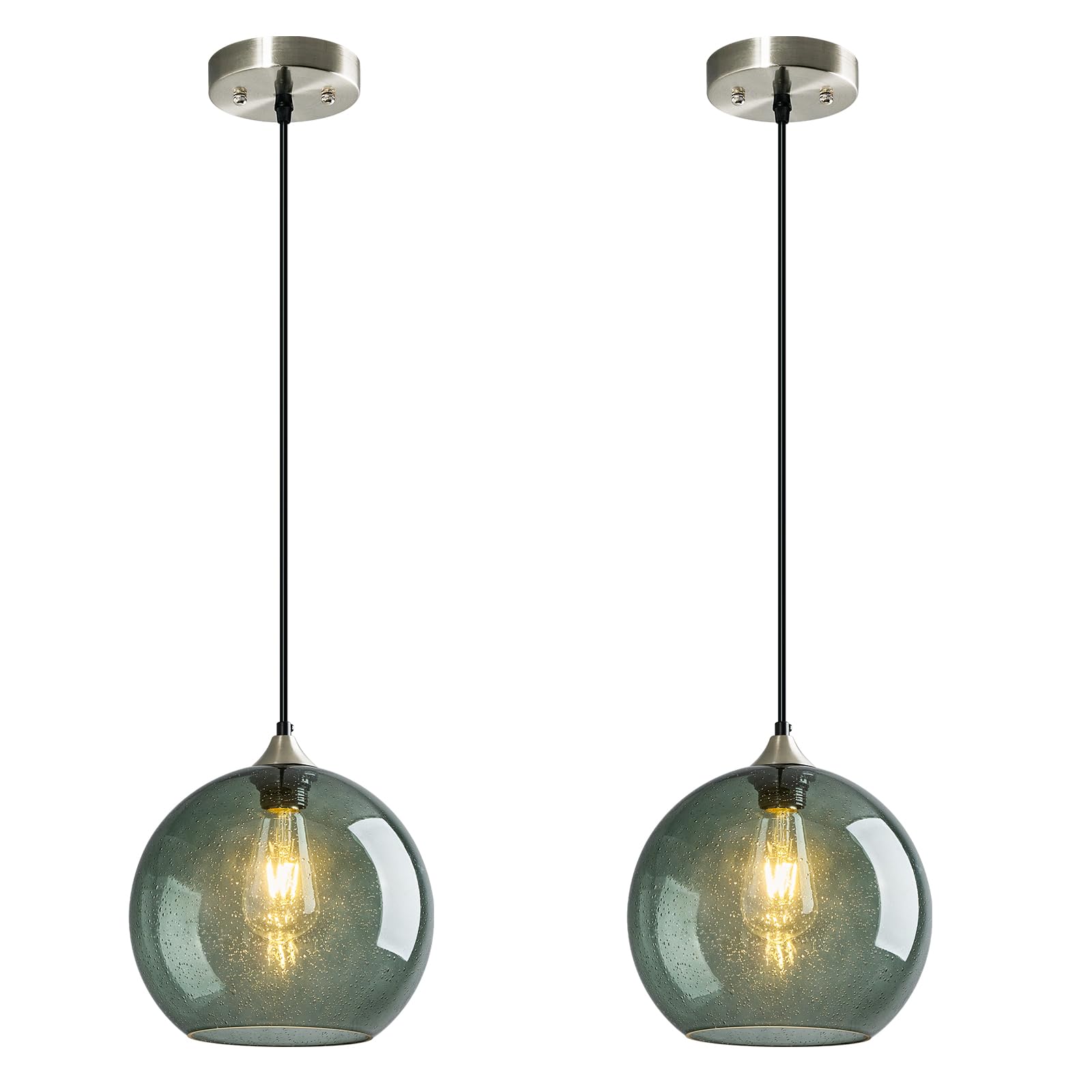 Gray Green Seeded Glass Pendant Lights Kitchen Island 2 Pack, 9.84in