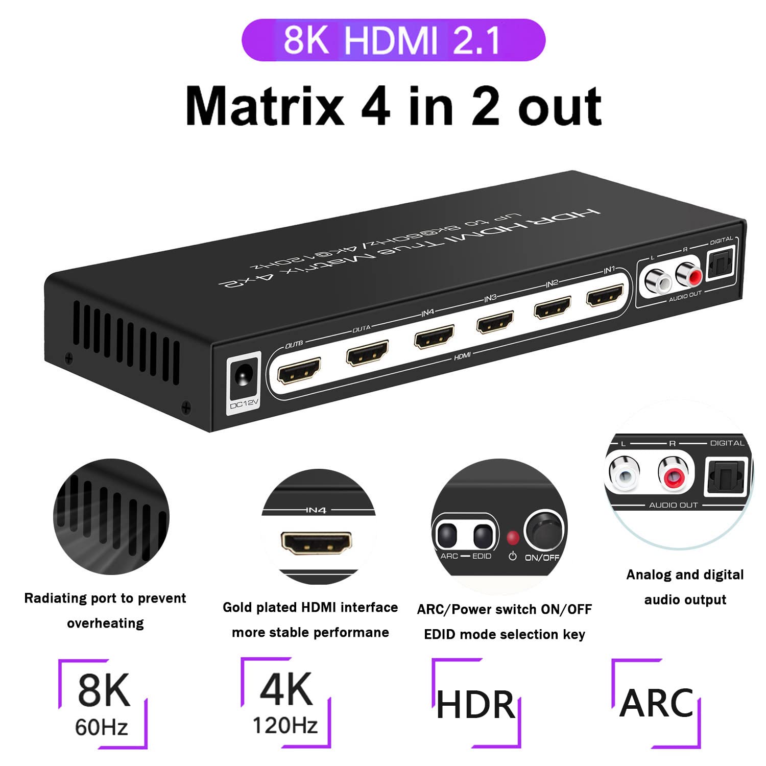 GKR 8K@60Hz 4x2 HDMI Matrix Switch 4 entrées 2 sorties Ultra-HD 4K@120Hz HDR ARC HDMI Matrice Switcher Splitter avec Extracteur audio et télécommande IR, (HDMX0016)