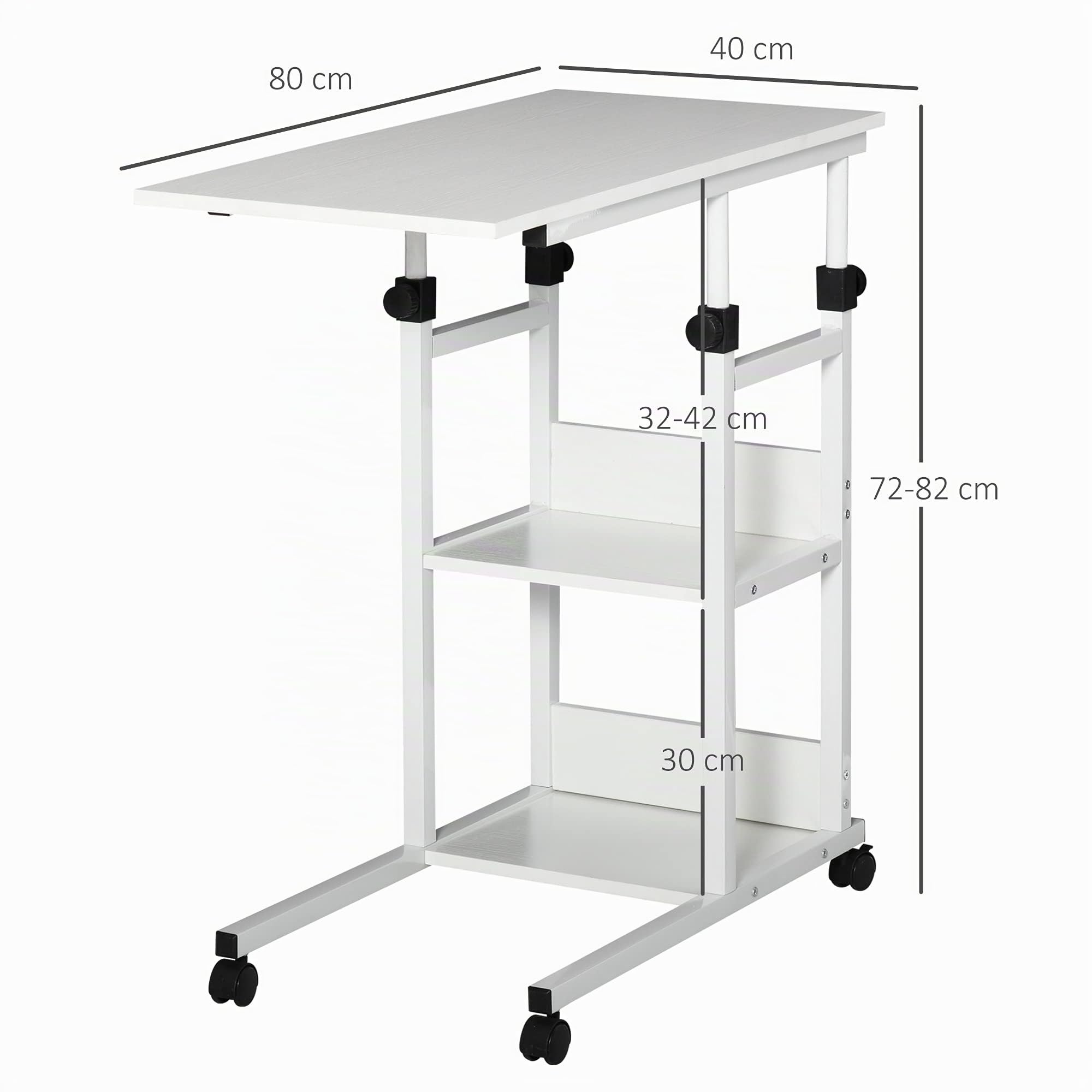 HOMCOM Beistelltisch Couchtisch mit Rollen 80x40x72-82 cm Weiß | Höhenverstellbarer Schreibtisch mit 2 unteren Regalen, Sofatisch Laptoptisch, Betttisch, für Esszimmer Wohnzimmer, Metall