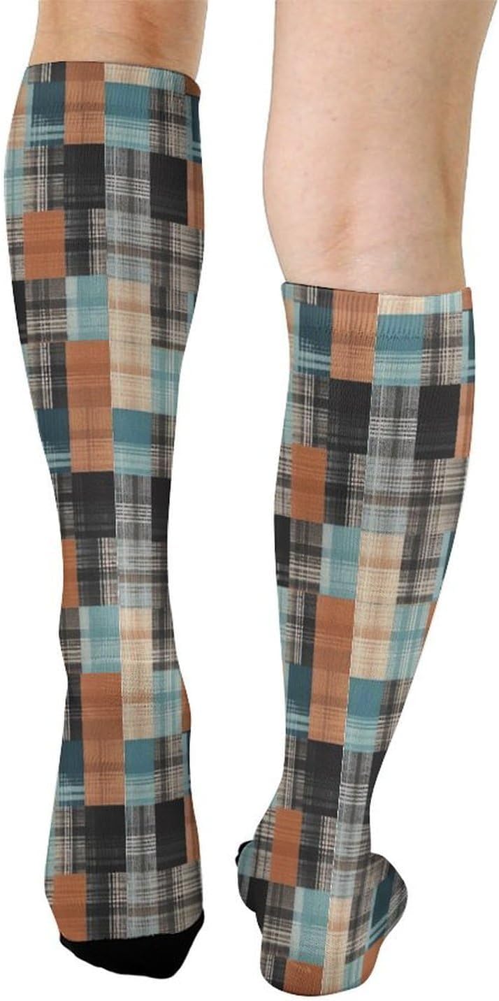 Black Plaid Pattern Knee High Soccer Socks Moisture Wicking