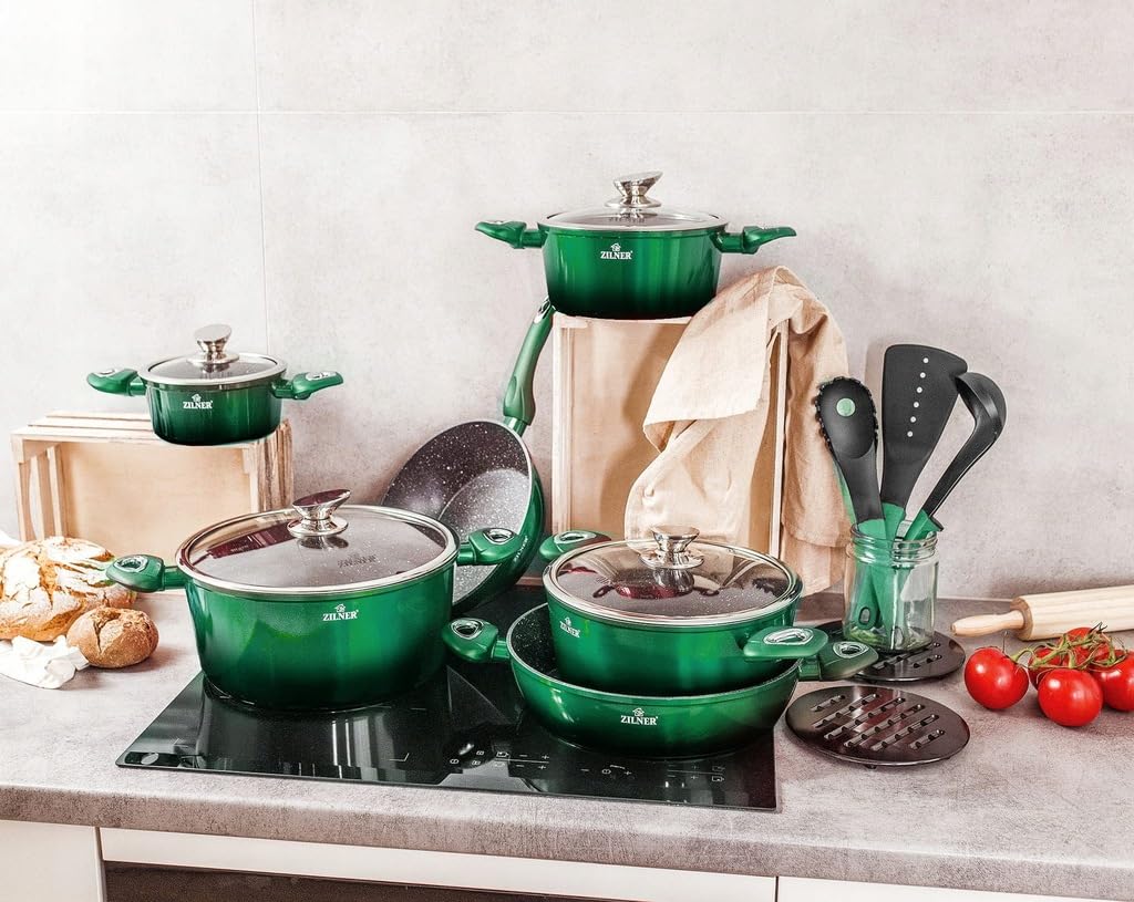 Topfset 15-teilig, Marmor- & Keramikbeschichtung, Glasdeckel, Grün | Töpfe und Pfannen für alle Herdarten, Induktion, Antihaftbeschichtung, Aluminium, Kochgeschirr-Set