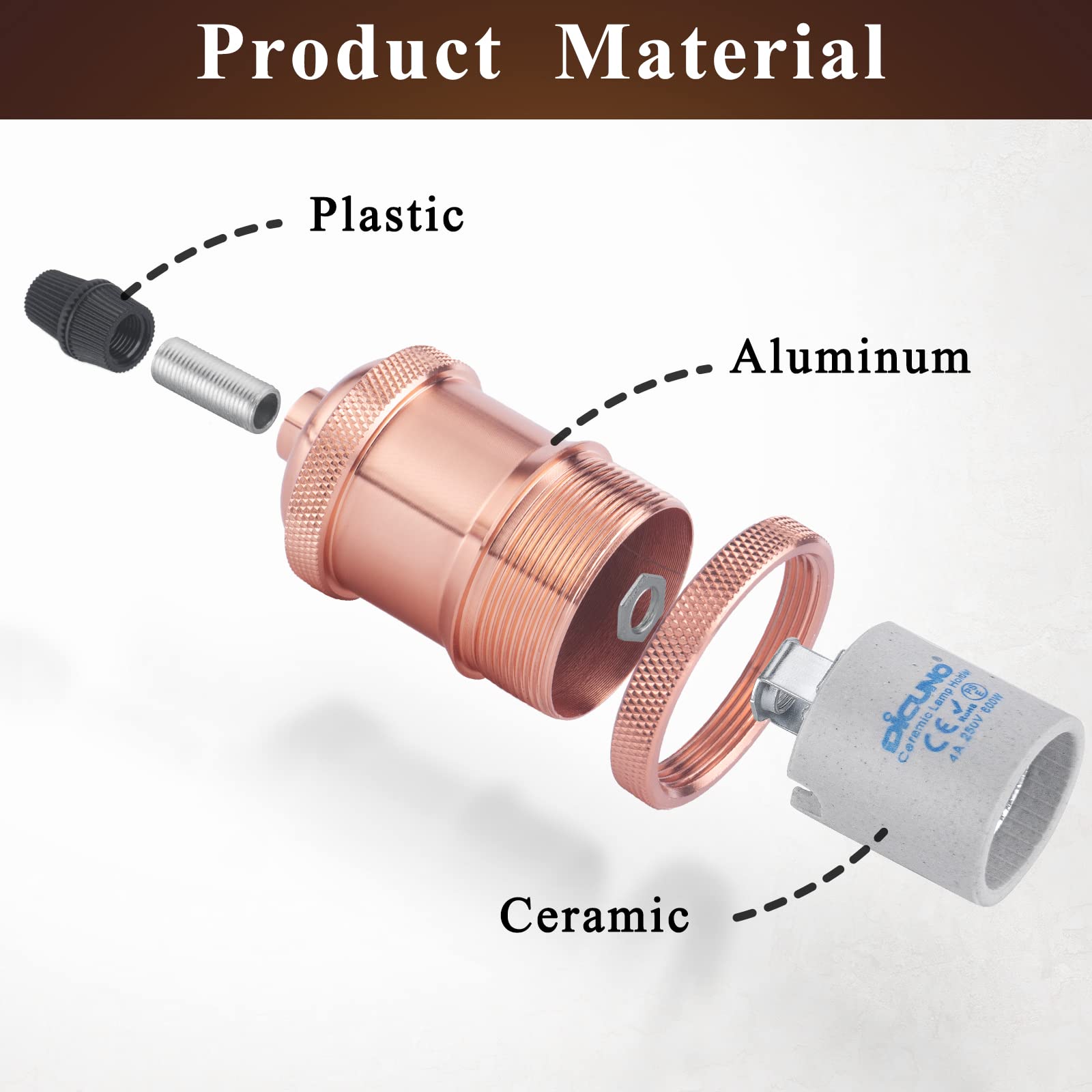 DiCUNO E27 Vintage Portalampada, Edison retro lampada a sospensione, Adattatore in ceramica solida, 6 Pezzi di oro rosa socket