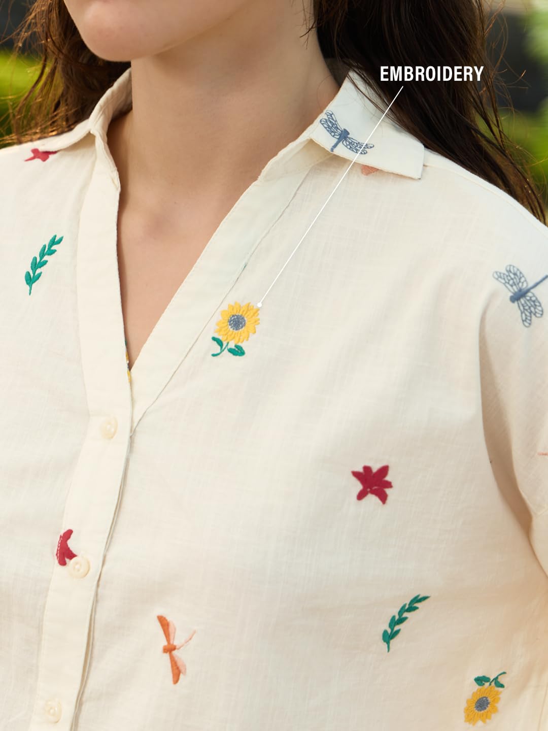 The Souled Store Dragonfly - Camicia da donna e ragazza, maniche a tre quarti, con colletto in cotone ricamato, vestibilità oversize, traspirante, leggera, per abbigliamento casual