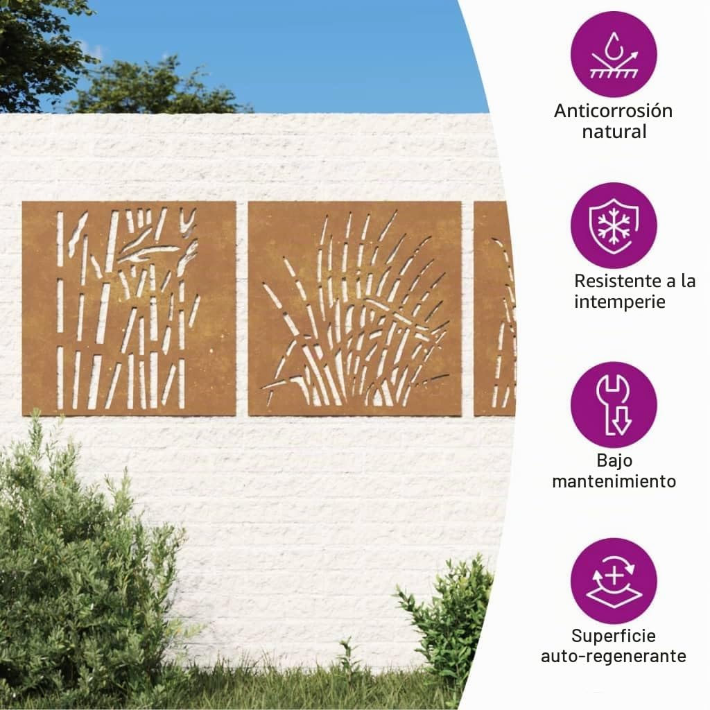 vidaXL Adorno Pared y jardín 3 uds Acero corten diseño Hierba 55x55 cm