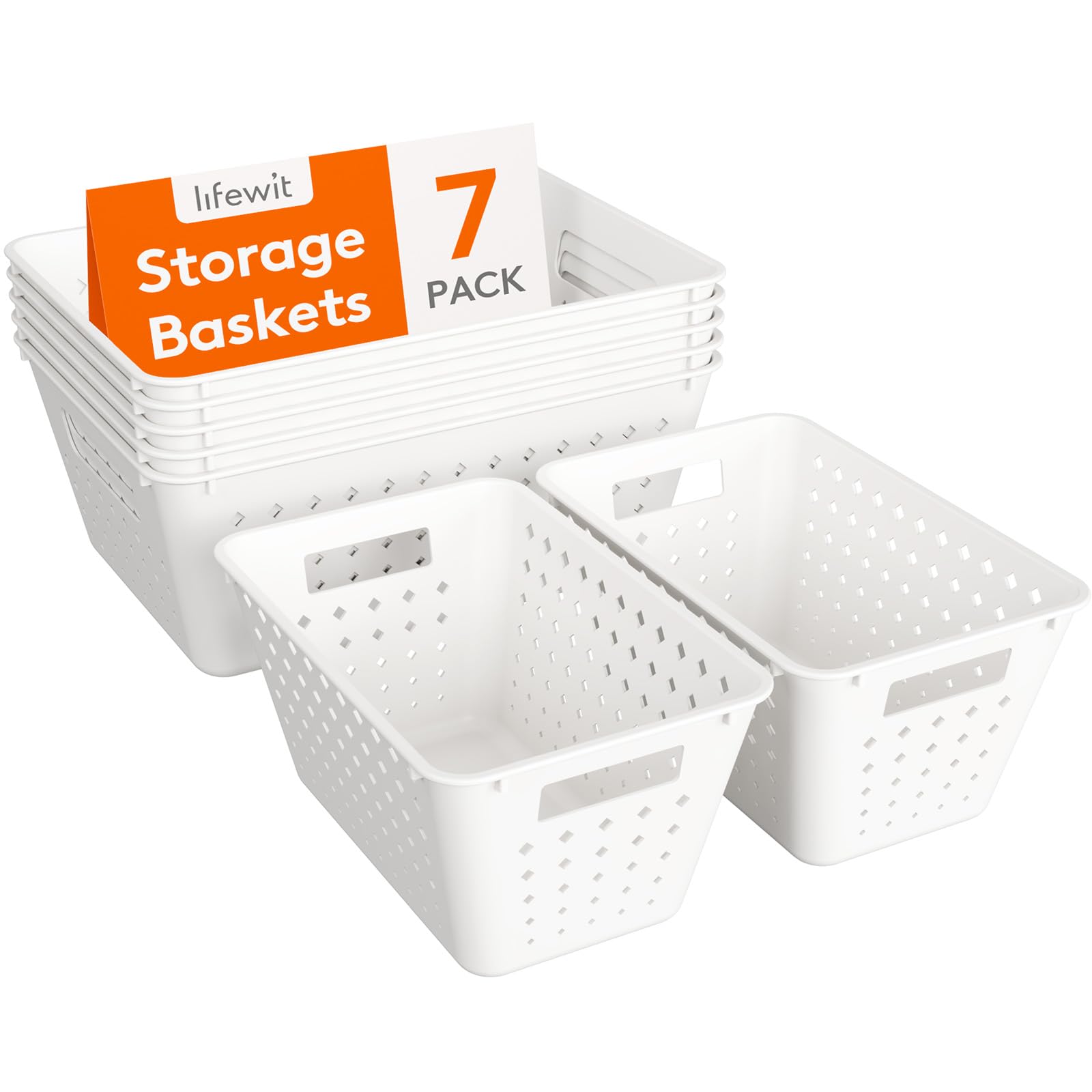 Lifewit Juego de 7 cestas de almacenamiento de plástico, apilables para organizar, contenedores abiertos multitamaño, para estantes, cocina, baño, oficina, 21 L, 5 grandes y 2 pequeñas, color blanco