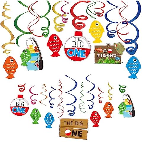 30Ct Gone Fishing Birthday Party Hanging Swirl Decorations, Fishing Theme The Big One Baby First 1st Birthay Party Supplies, Colorful Fish Swirl Celling Decorations Little Fisherman Baby Shower Decor Cover
