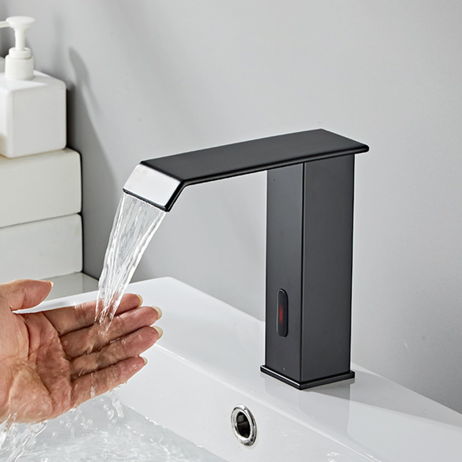 HADECOLL Basin Taps Sensor Faucet Tap Waterfall Taps For Bathroom Sink Brass Bathroom Automatic Touchless Sensor Faucet Battery Powered,Chrome,Low
