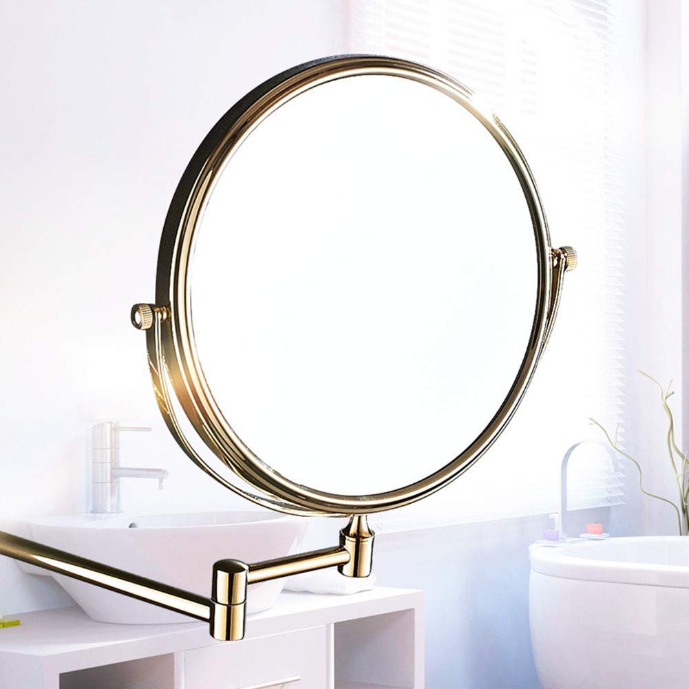 Specchio per Trucco a Parete con ingrandimento 3X, Specchio cosmetico da Bagno bifacciale Premium da 8 Pollici, Girevole a 360 Gradi, Senza Luce, Braccio Estensibile, Rotondo (Colore : Oro)