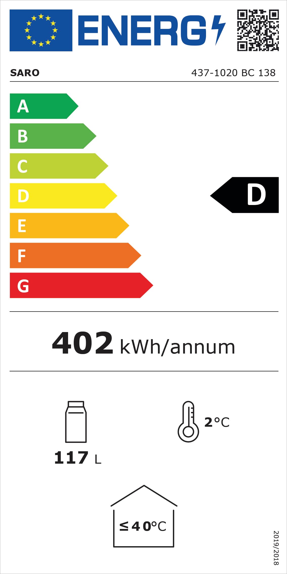SARO BC 138 Frigorífico de bar, 128 l, 2 rejillas, puerta de cristal con cierre, control digital de temperatura, iluminación LED, 2-10 °C