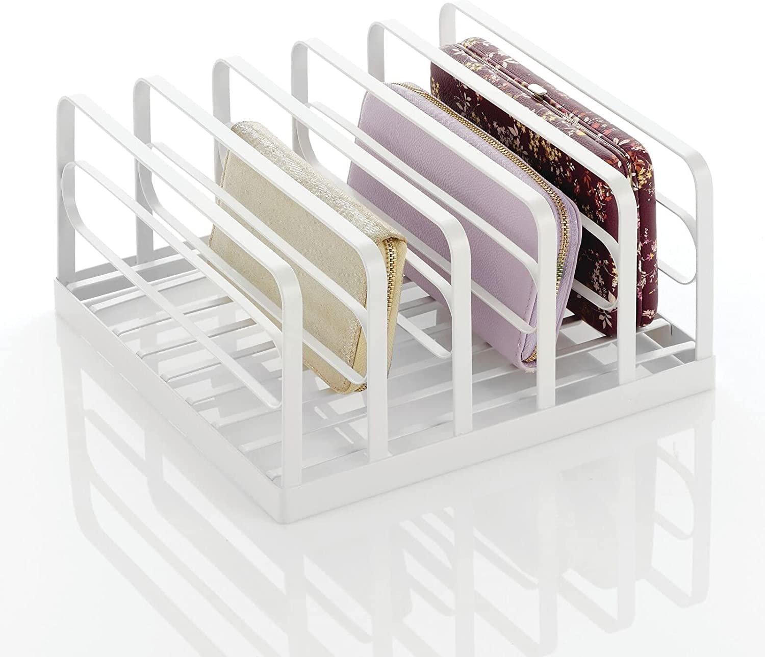 INDIAN DECOR 12691 Metal Divided Stackable Purse Organizer for Closets,Shelves - Closet Shelf Storage Solution for Purses, Clutches, Wallets, Accessories - 5 Sections, 2 Pack - White-image-44