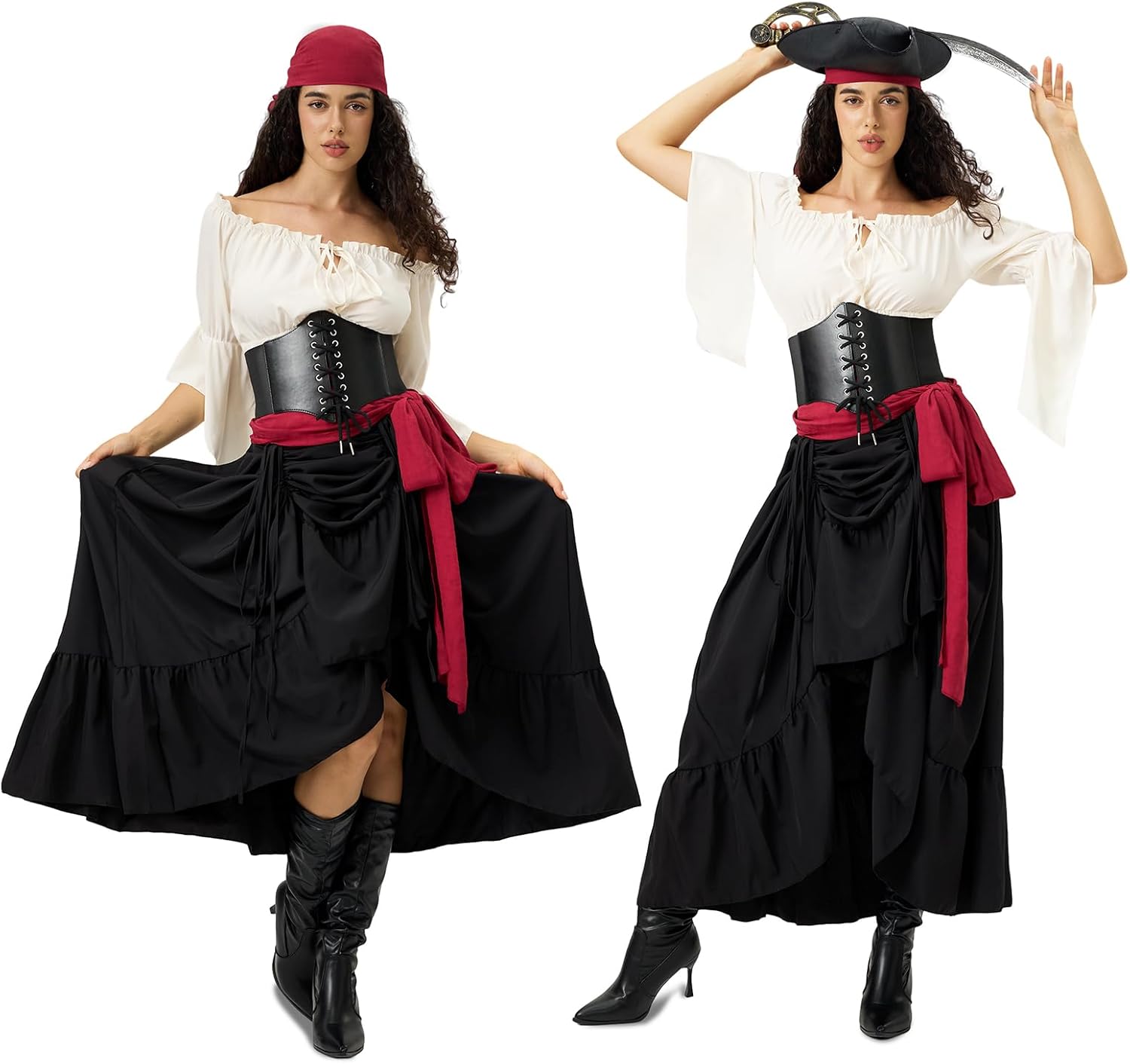 Women Pirate Costume with Peasant Blouse Off Shoulder Trumpet Sleeve Tops Victorian Steampunk Skirts - Image 5