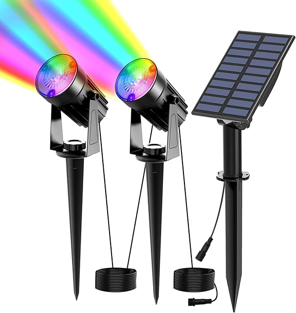 T-SUN Solar Spotlight, 2-in-1 Solar Landscape Lights Colour Changing, Dusk-to-Dawn IP65 Waterproof Solar Garden Spot Lights, 2 Lighting Modes Security Wall Lighting for Lawn, Patio, Yard.