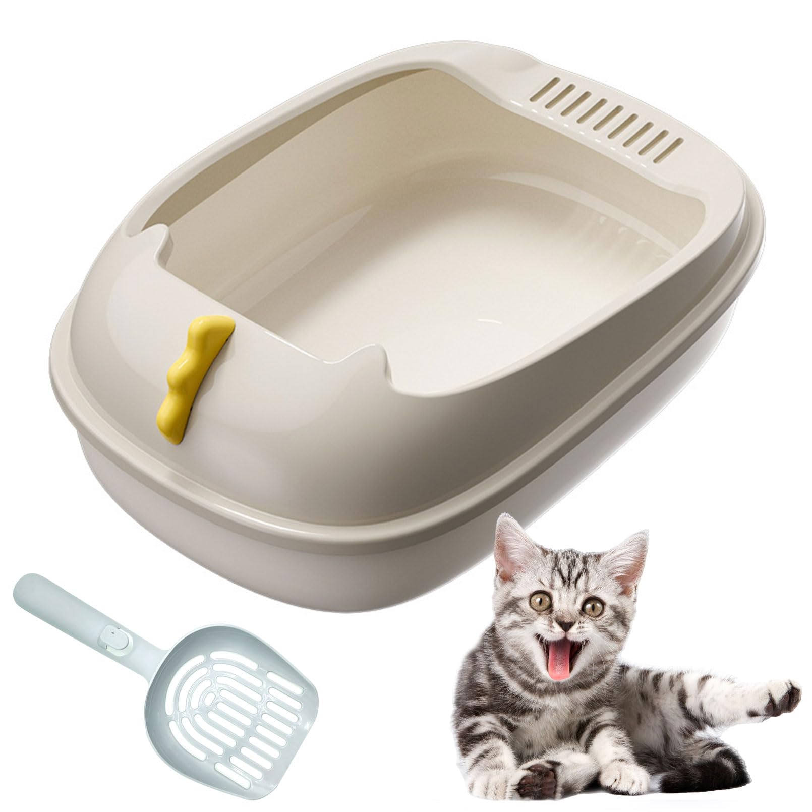 Open Litter Box, Anti-Splashing Cat Toilet with Litter Sifting Scoop - Semi-Enclosed, Removable Kitten Litter Box (White, Small)