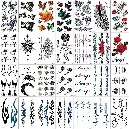 Temporary Tattoo Stickers For Women Flowers Words Butterflies Cats Scorpions Waterproof Art Body Fake Tattoos 30 Sheets (Style3) #TOP22